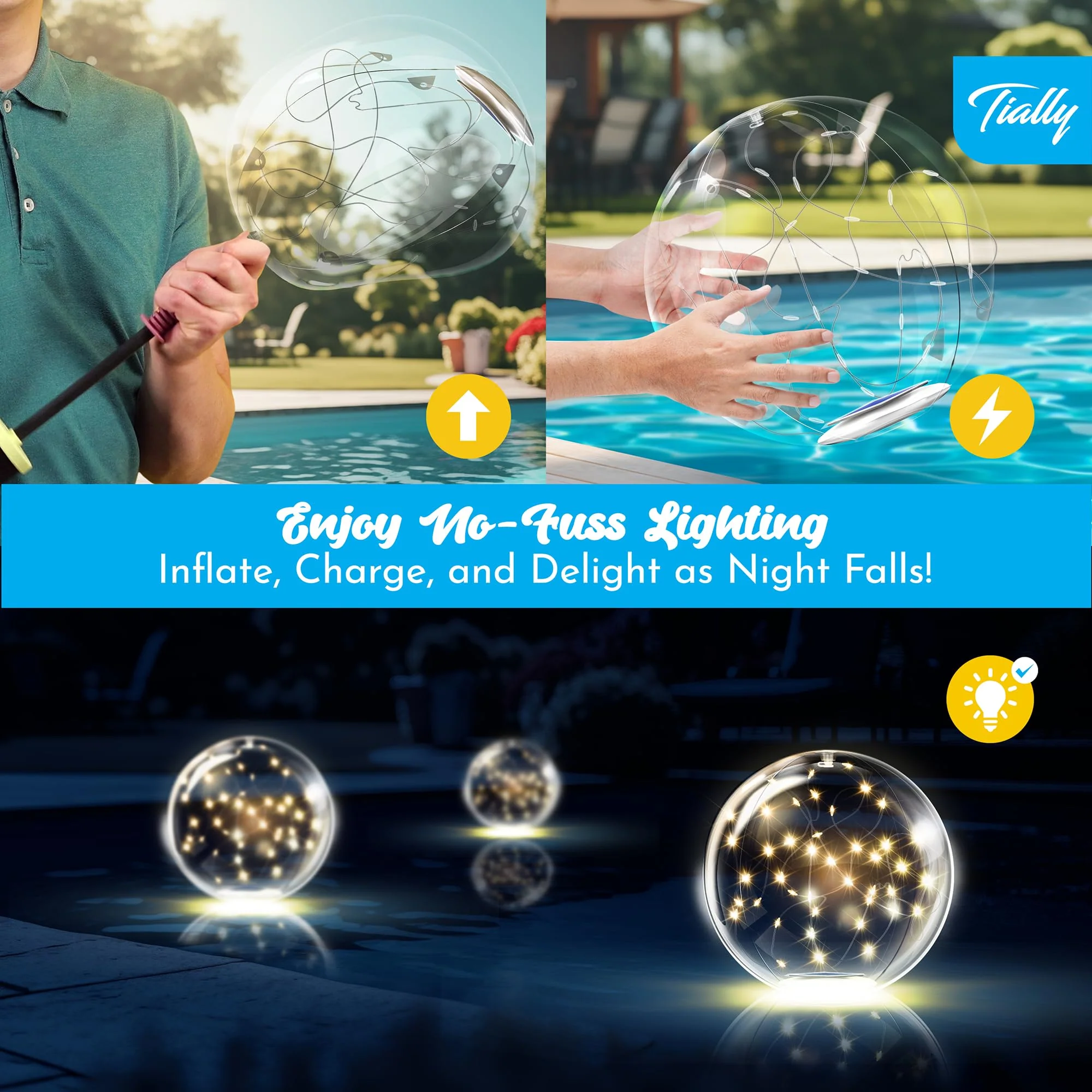 TIALLY Fairy Floating Pool Lights Solar Powered - 14" Inflatable Waterproof Led Glow Balls, Floating Light Up Balls for Swimming Pool Party Decorations, Cool Outdoor Decor (2 Pack) - Image 5