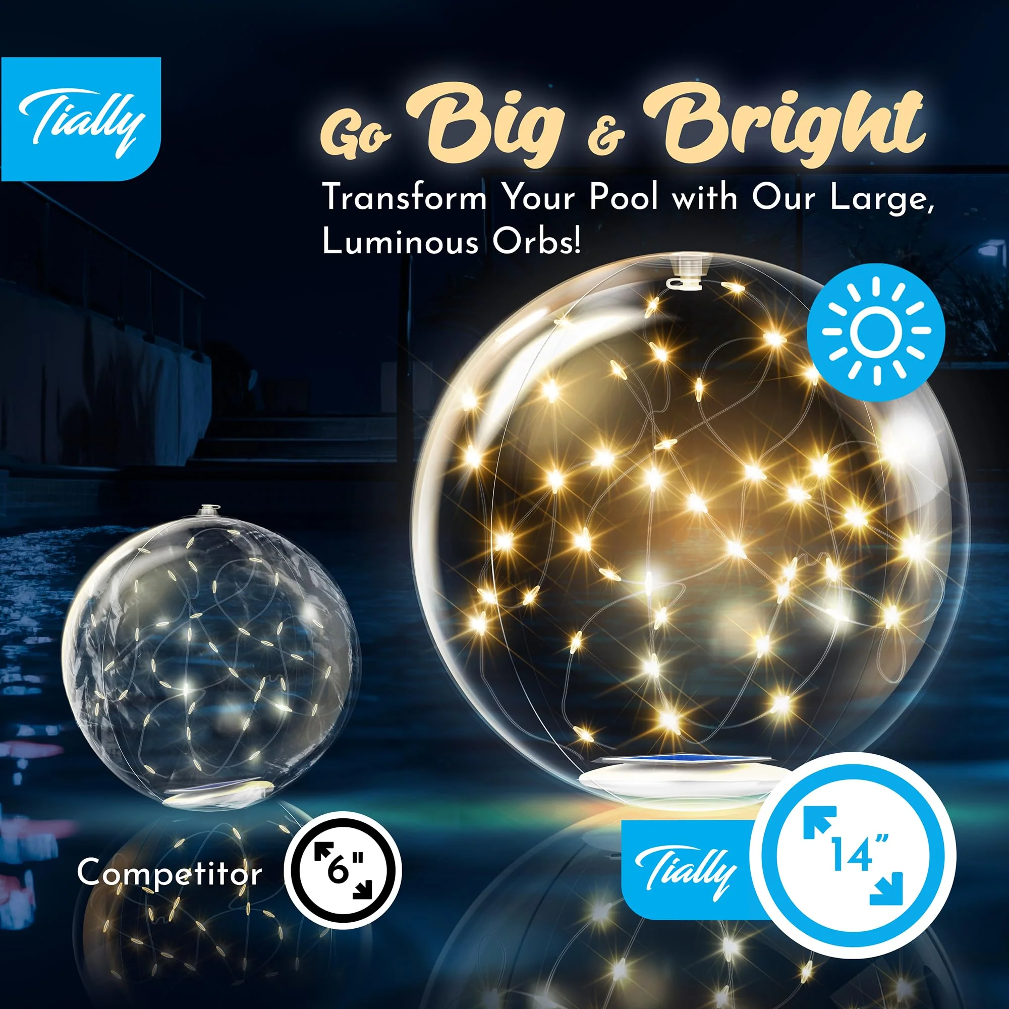 TIALLY Fairy Floating Pool Lights Solar Powered - 14" Inflatable Waterproof Led Glow Balls, Floating Light Up Balls for Swimming Pool Party Decorations, Cool Outdoor Decor (2 Pack) - Image 7
