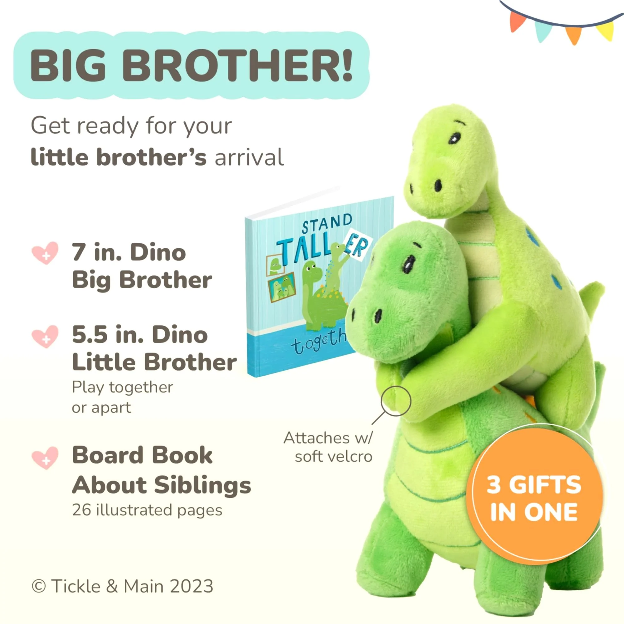 Tickle & Main Big Brother Gift Dinosaur Stuffed Animal Set - 3-Piece, Green, Ages 2+ - Sibling Matching Plush Dinosaurs with Stand Taller Together Book - Sibling Gifts - Image 2