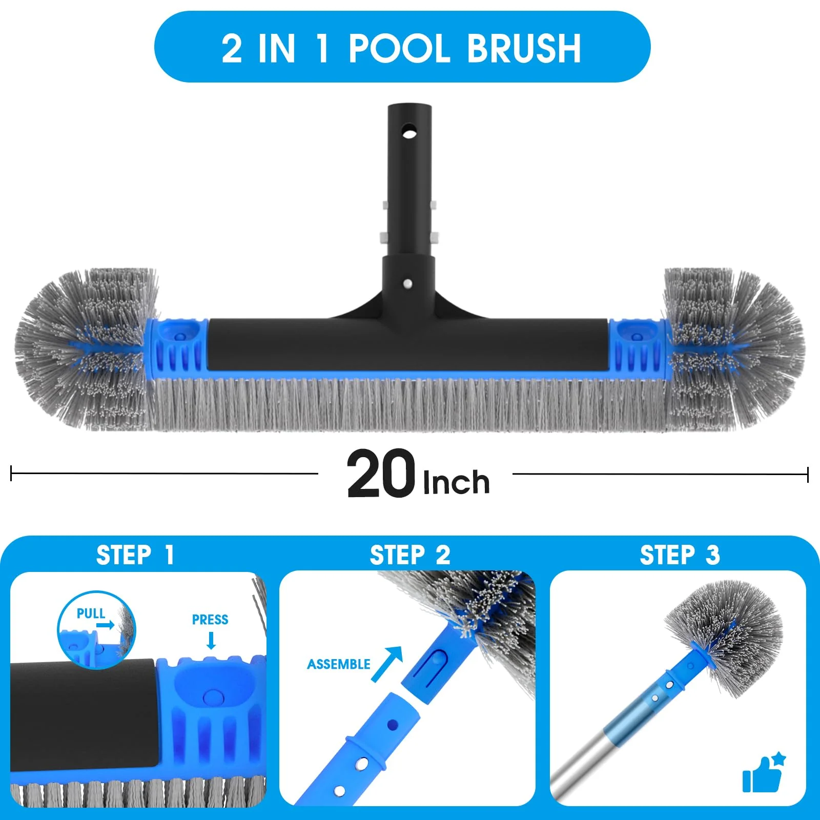 TidyMister 20'' 2 in 1 Pool Brush Head Cobweb Duster Heavy Duty Pool Cleaning Detachable Round Brush with EZ Clip & Wavy Nylon Bristles for Inground Pool & Above-Ground Pool (Without Pole) - Image 2