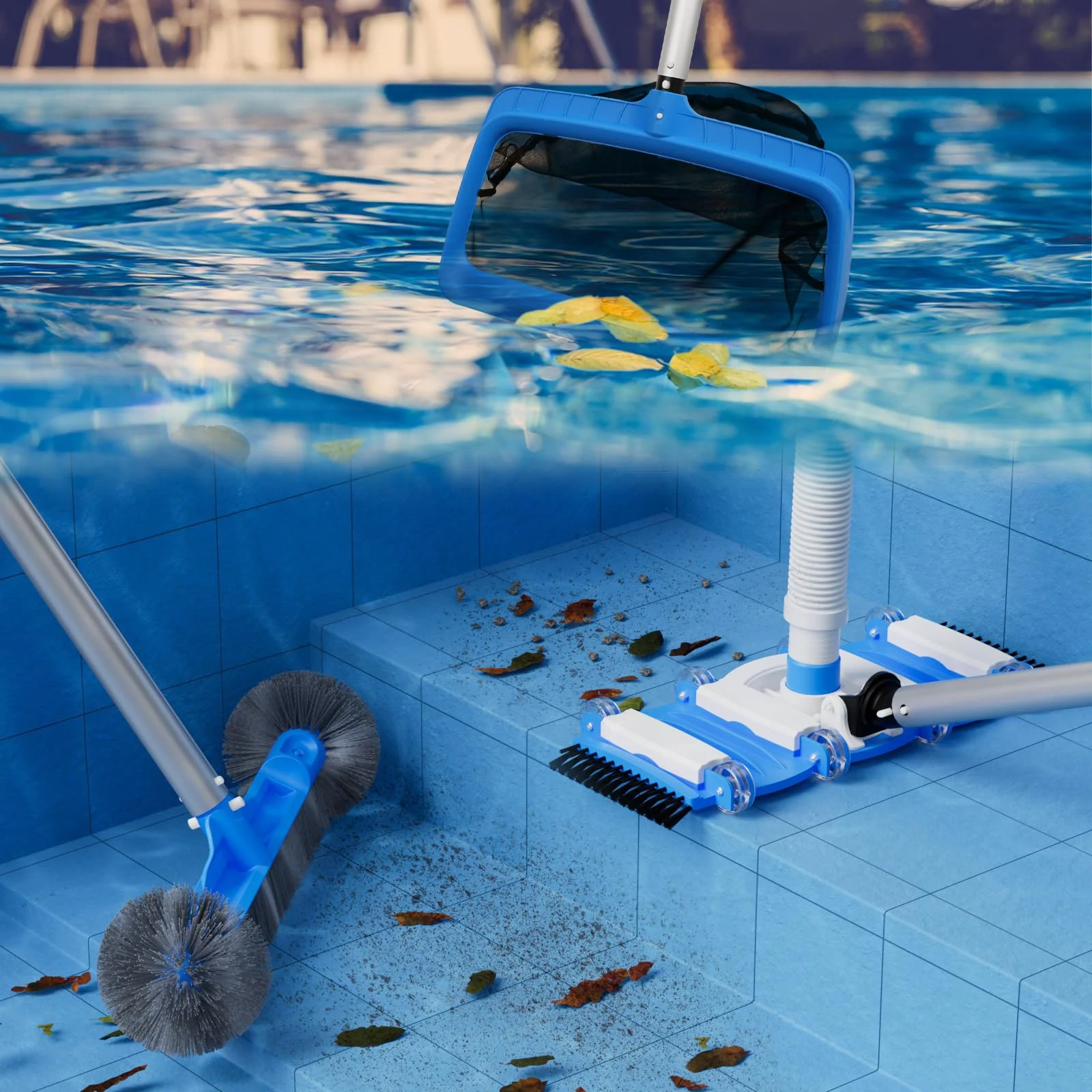 TidyMister 3-in-1 Pool Cleaning Kit Full Set - 18in Rounded End Pool Brush & Ergonomic Pool Vacuum Head with Wheels& Pool Nylon Net Fine Mesh for Above Ground In-ground Pools, Spas, Hot Tubs - Image 8