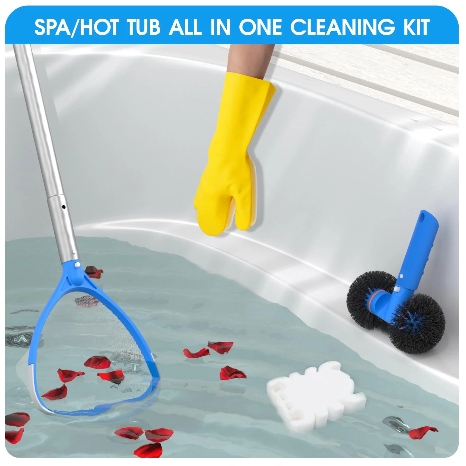 TidyMister 5-in-1 Spa Cleaning Set - Hot Tub Small Pools Maintenance Accessories Kit - Skimmer Net, Round Brush, 2ft Pole, Scrub Glove and Scum Absorber - Image 7