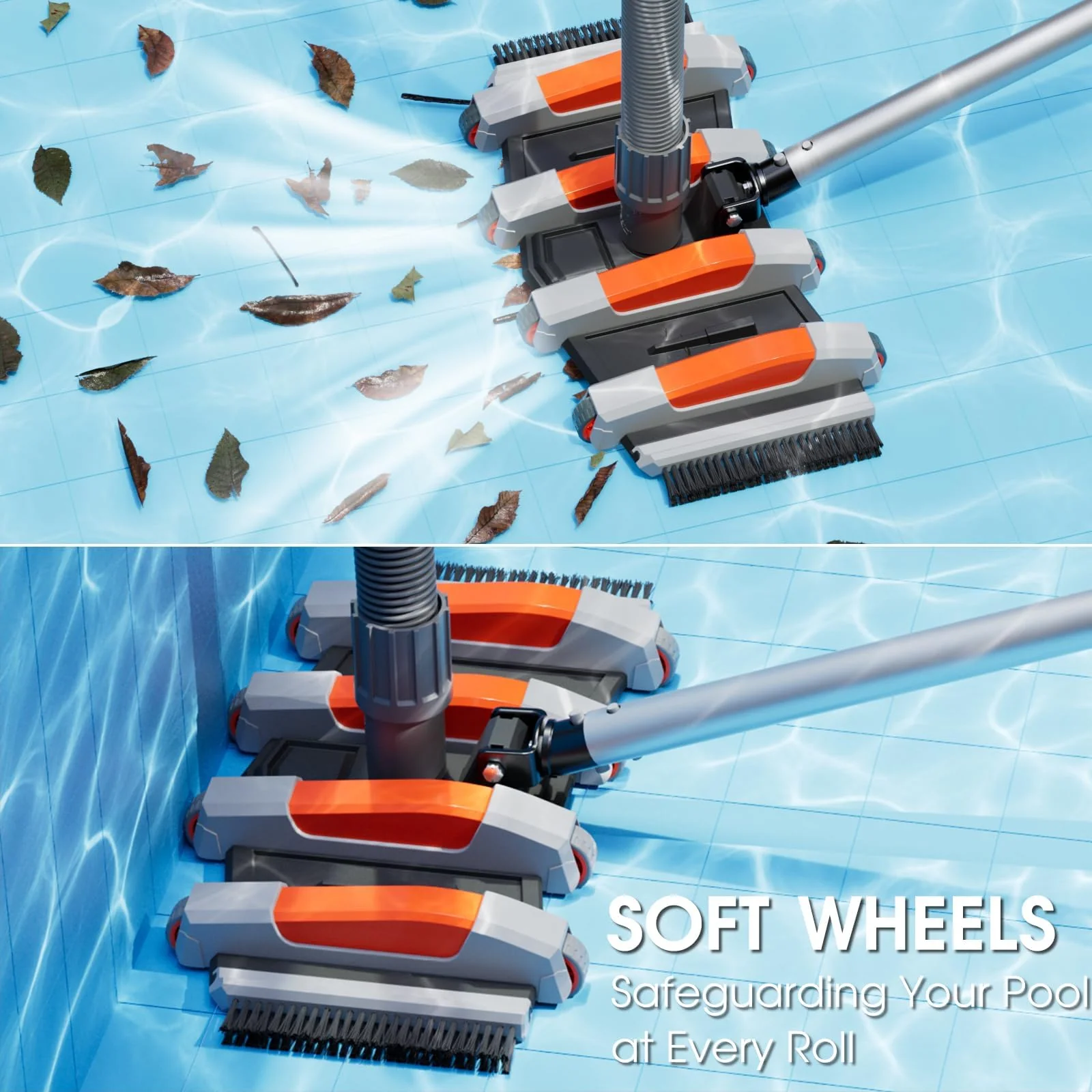 TidyMister Extra-Wide 3.2LB Professional Weighted Vacuum Heads - Heavy Duty Pool Vac Head with Direction-Control Handle,Brush & Wheels for Vinyl Liner- Inground & Above Ground Swimming Pool - Orange - Image 3