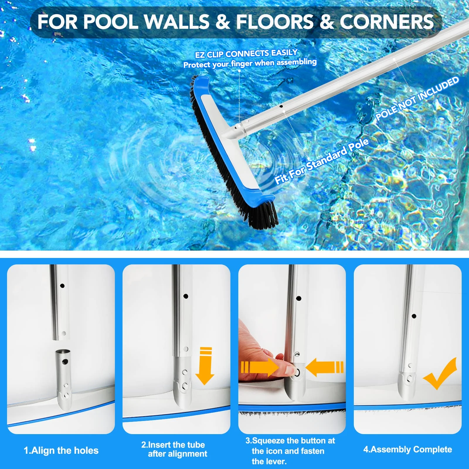 TidyMister Pool Brush 17.5'' Heavy Duty Swimming Pool Brushes for Cleaning Pool Walls & Tiles & Floors & Corners Scrub Brush Head Reinforced Aluminum Back (Pole Not Included) - Image 2