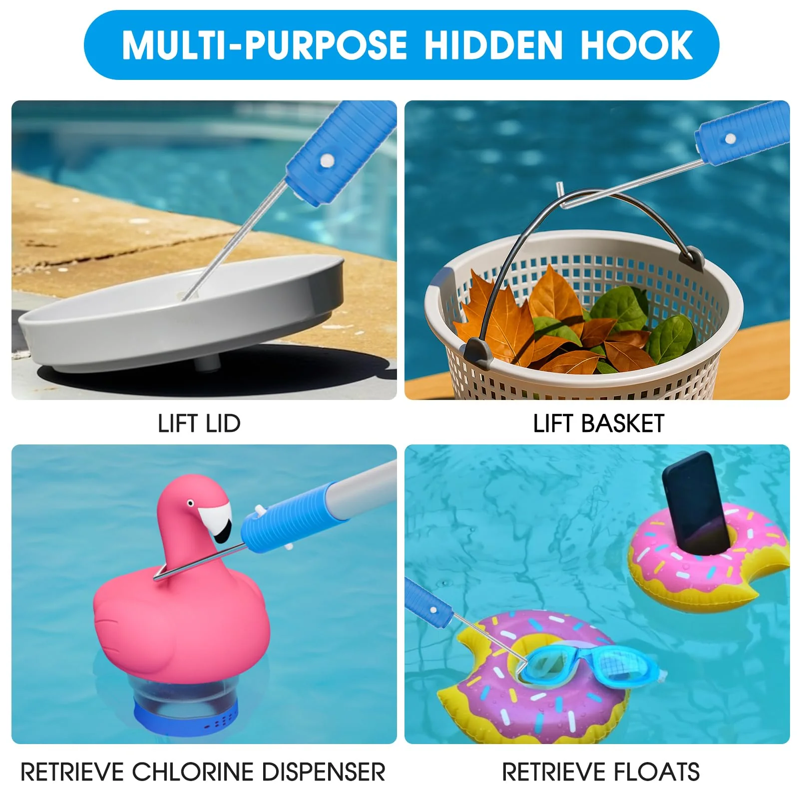 TidyMister Pool Brush Set - 20’’ 2-in-1 Detachable Round Brush with Extra Side Brush for Cleaning Hard-to-Reach Corners, 9 FT Aluminum Extended Pool Pole with Hidden Hook Retriever - Image 2