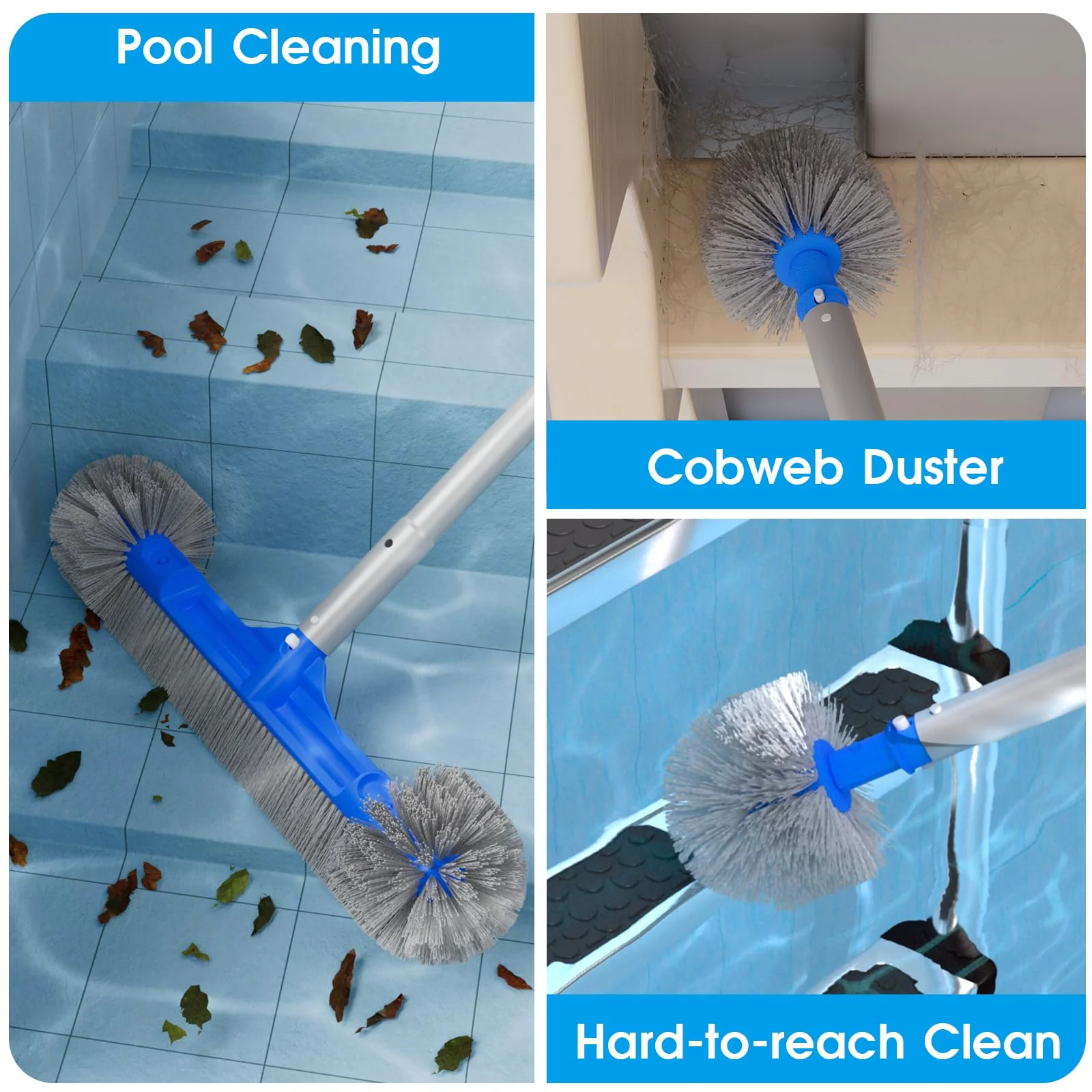 TidyMister Pool Brush Set - 20’’ 2-in-1 Detachable Round Brush with Extra Side Brush for Cleaning Hard-to-Reach Corners, 9 FT Aluminum Extended Pool Pole with Hidden Hook Retriever - Image 5