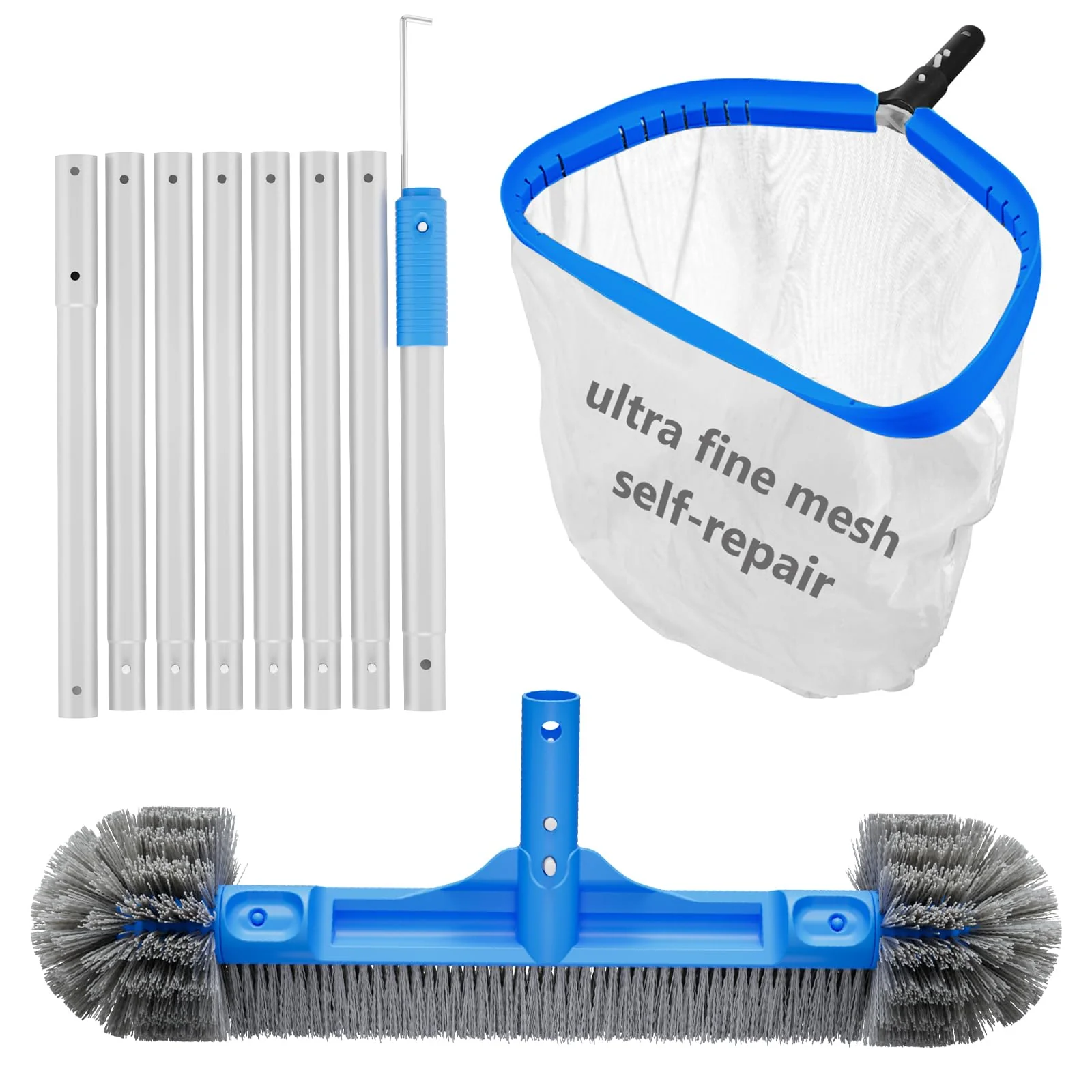 TidyMister Pool Cleaning Kit Full Set - 17.5'' Self-Repair Pool Nylon Net Ultra Fine Mesh & 17.5'' Detachable Round End Pool Brush & 10 Ft Pool Pole with Hook, for Above Ground In-ground Pools, Spas
