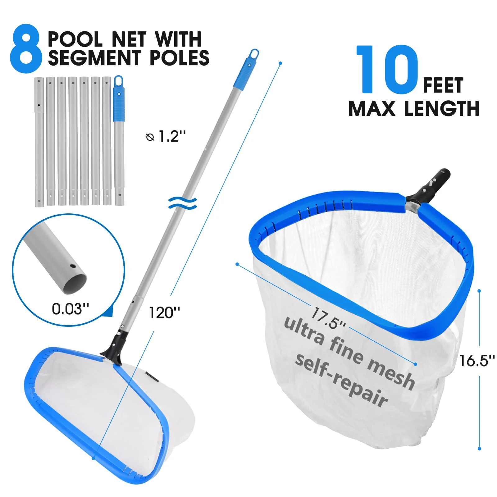 TidyMister Pool Cleaning Kit Full Set - 17.5'' Self-Repair Pool Nylon Net Ultra Fine Mesh & 17.5'' Detachable Round End Pool Brush & 10 Ft Pool Pole with Hook, for Above Ground In-ground Pools, Spas - Image 9