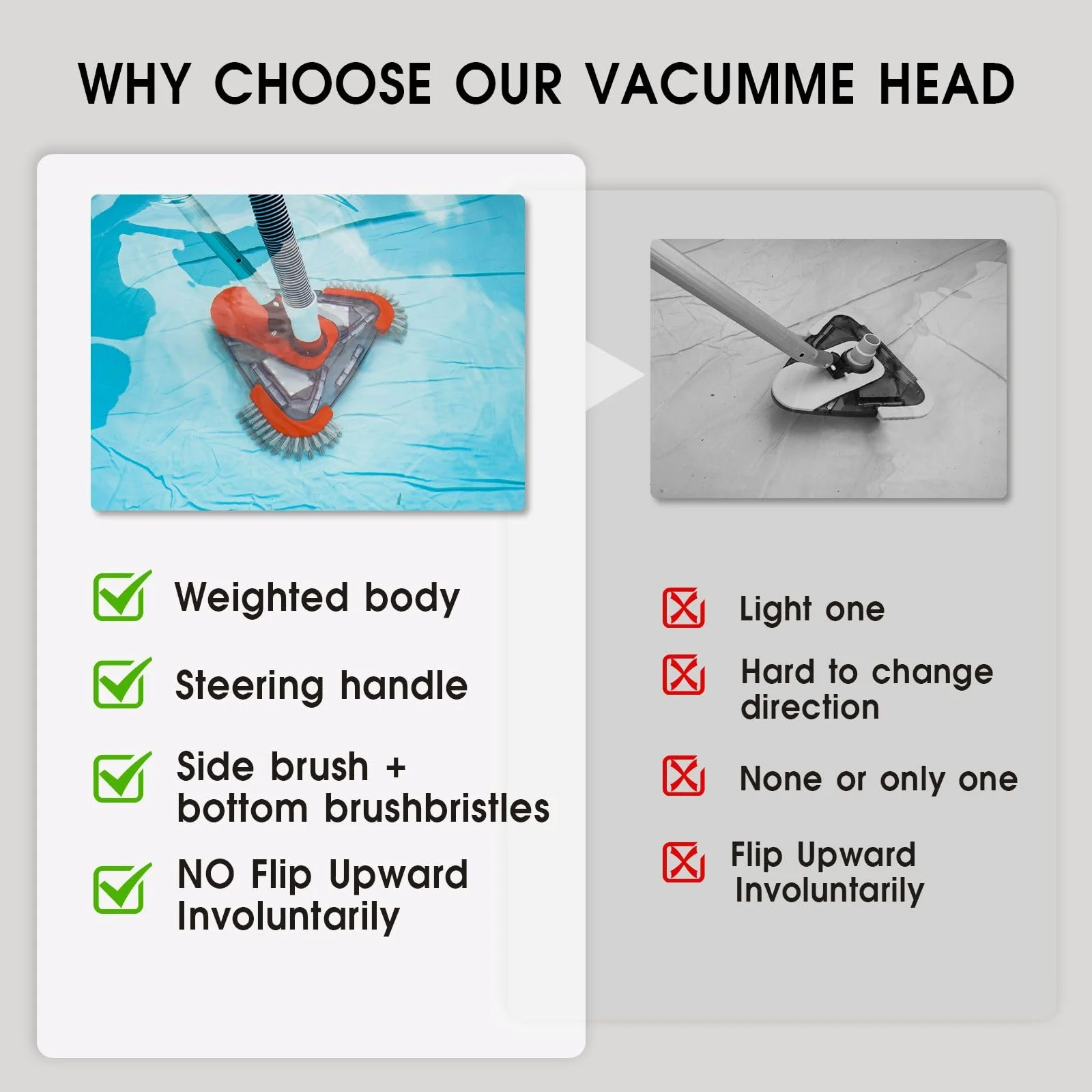 TidyMister Pool Vacuum Head with Side Brush,Universal Steering Handle & Universal Rotatable Hose Adapter,Swimming Weighted Pool Brush Vac (Safe for Vinyl Liner Pool) for Inground & Above Ground Pools - Image 3