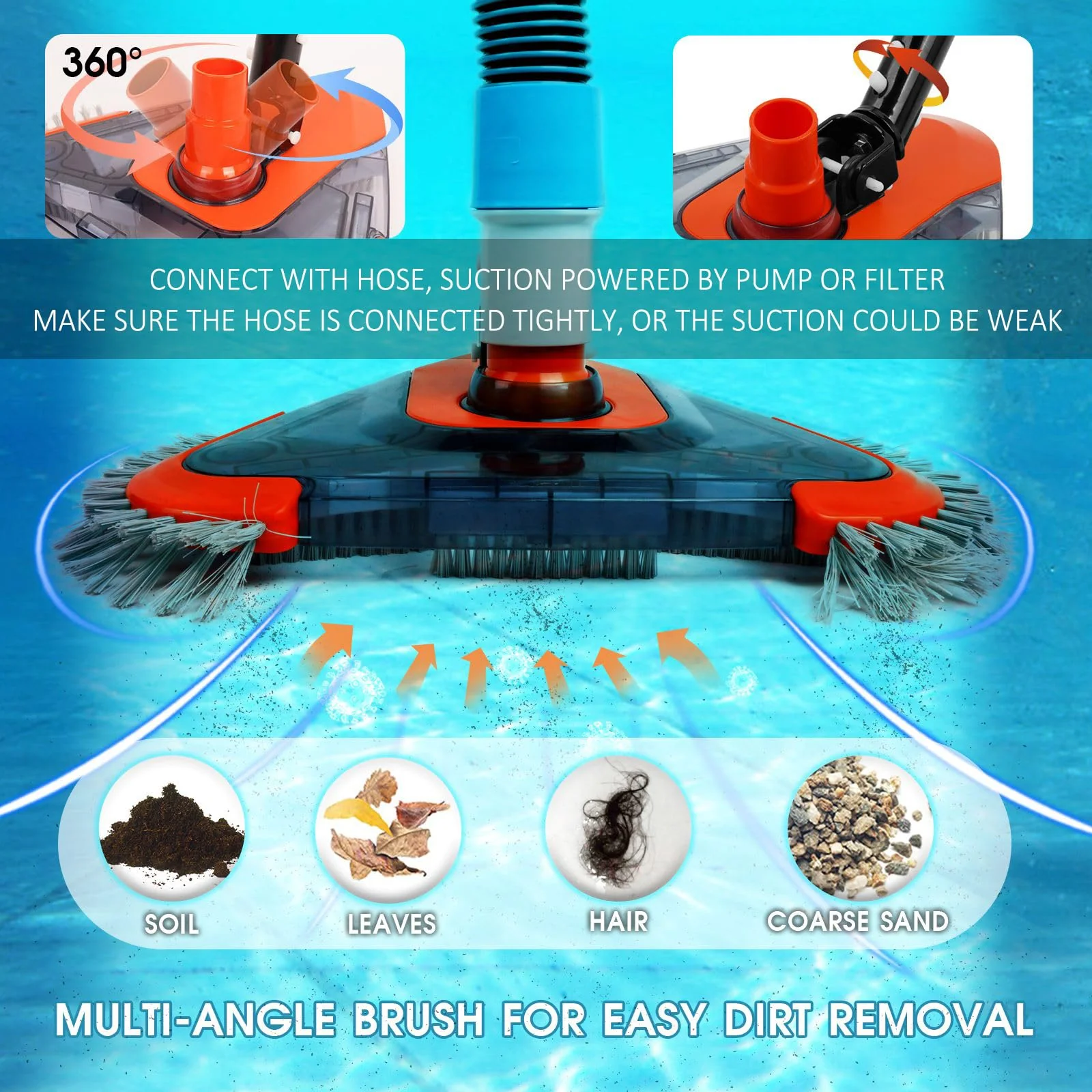 TidyMister Pool Vacuum Head with Side Brush,Universal Steering Handle & Universal Rotatable Hose Adapter,Swimming Weighted Pool Brush Vac (Safe for Vinyl Liner Pool) for Inground & Above Ground Pools - Image 6