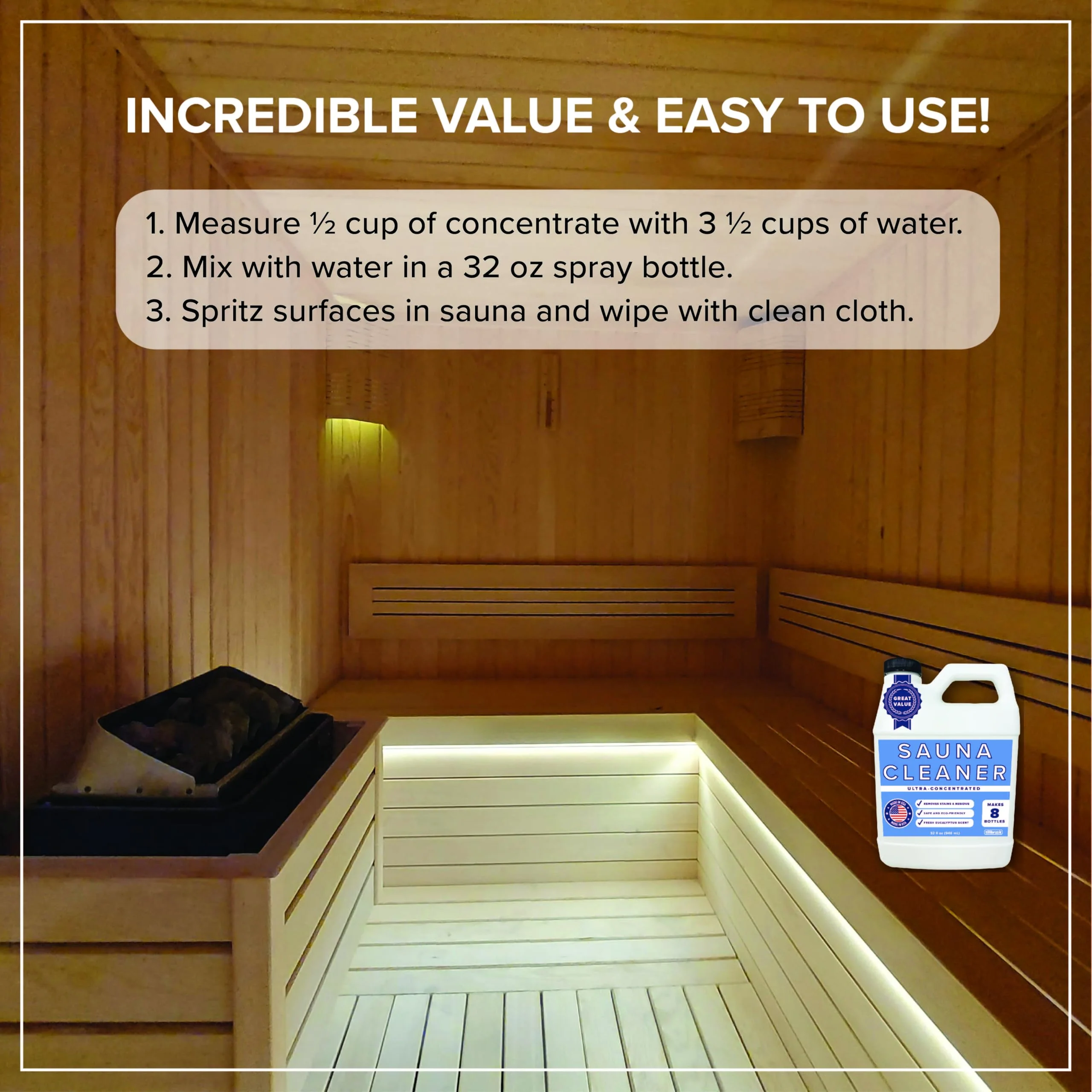 Tillbrook Sauna Cleaner - Makes 4 Gallons Concentrated Sauna Wood Cleaner - 32 oz All-Natural Cleaning Solution for Saunas - Safe for All Surfaces - Removes Grease, Sweat, & Dirt - Eucalyptus Scent - Image 3