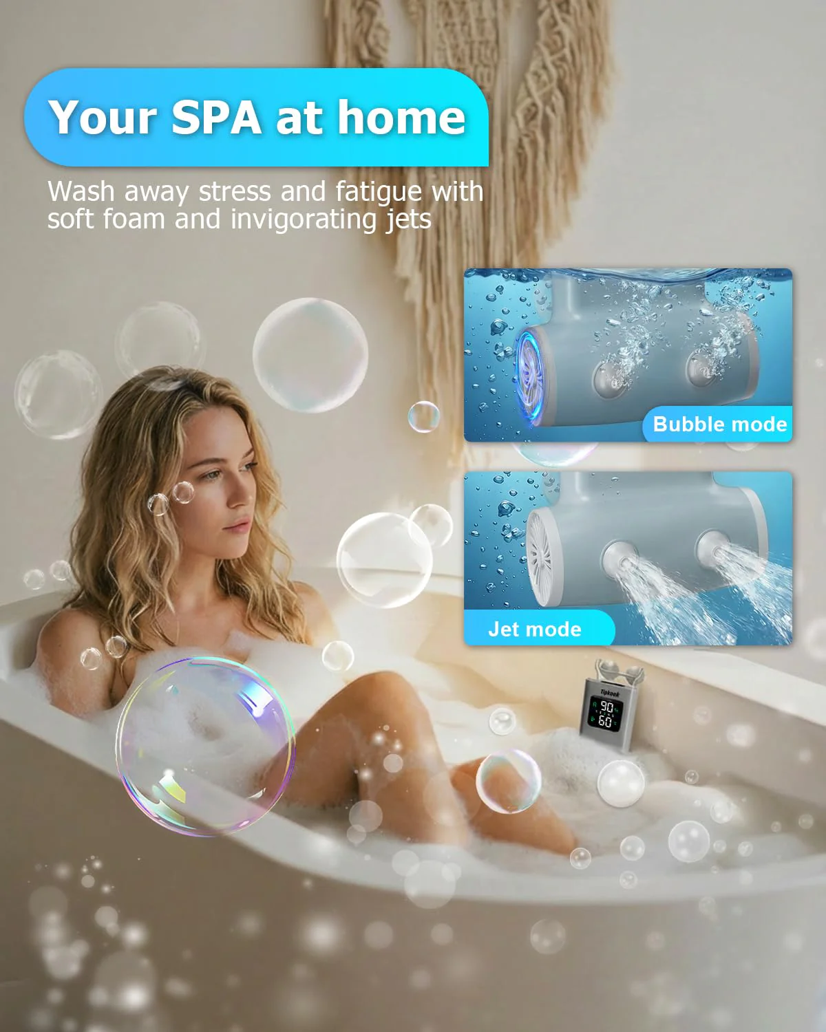 Tipkook Portable Bath Jets for Tub: 5-Speed Jet Spa for Bathtub with LED Display, Bath Jet/Bubble Mode, Rechargeable Bath Jets, Dual Water Outlet, IPX8 Waterproof, Ideal Gift for Home - Blue - Image 8