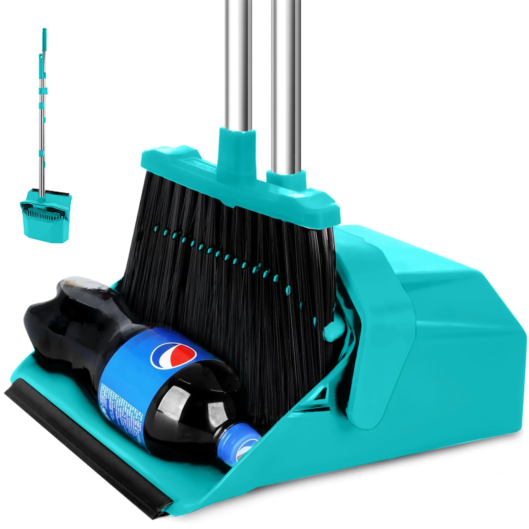 Tiumso Upgrade Broom with Dustpan Combo Set, Broom and Dustpan Set with 51'' Long Handle, Large Upright Brooms and Dust Pans, ZeroGap Lip, Self-Cleaning Dustpan Teeth for Lobby and Restaurant - Blue
