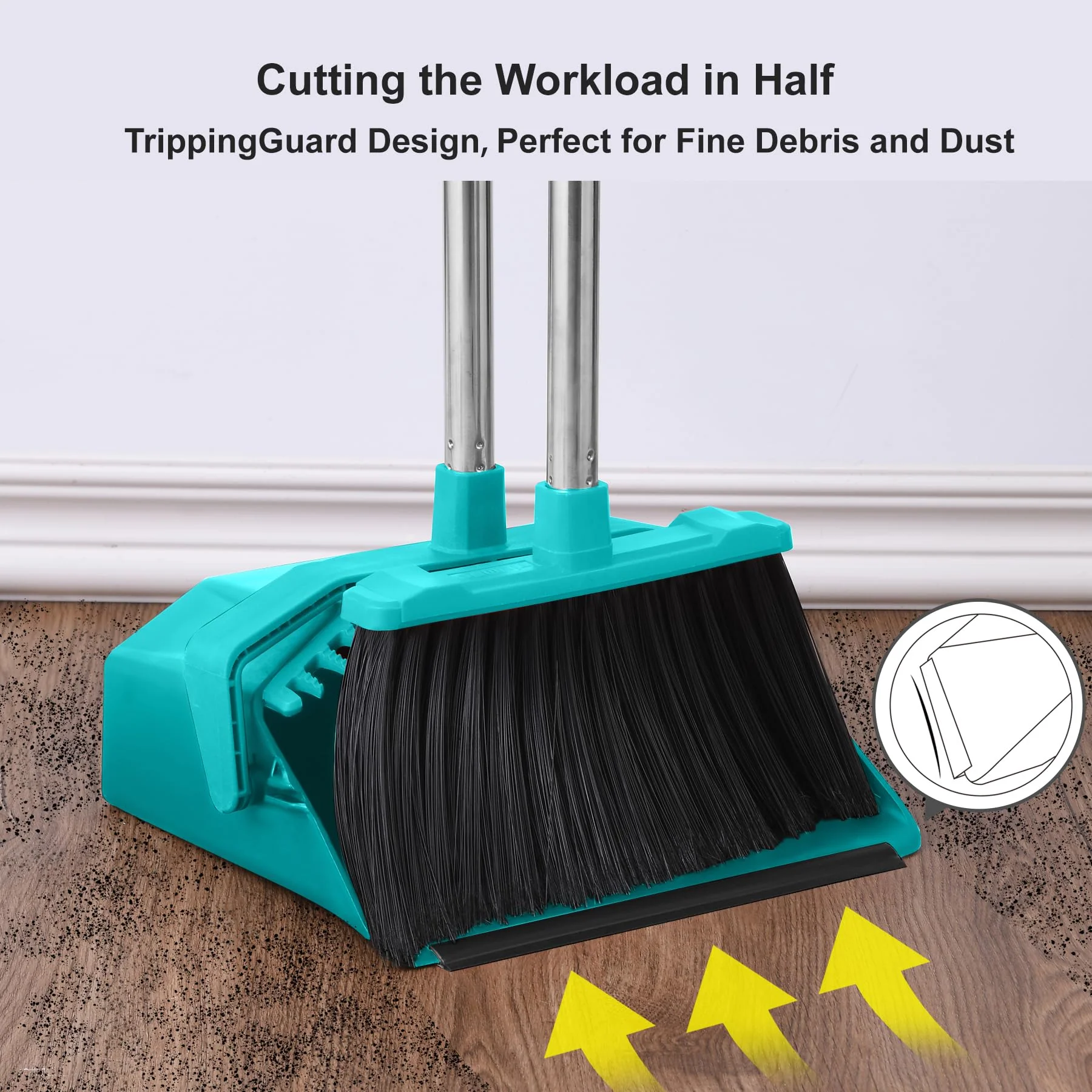 Tiumso Upgrade Broom with Dustpan Combo Set, Broom and Dustpan Set with 51'' Long Handle, Large Upright Brooms and Dust Pans, ZeroGap Lip, Self-Cleaning Dustpan Teeth for Lobby and Restaurant - Blue - Image 5
