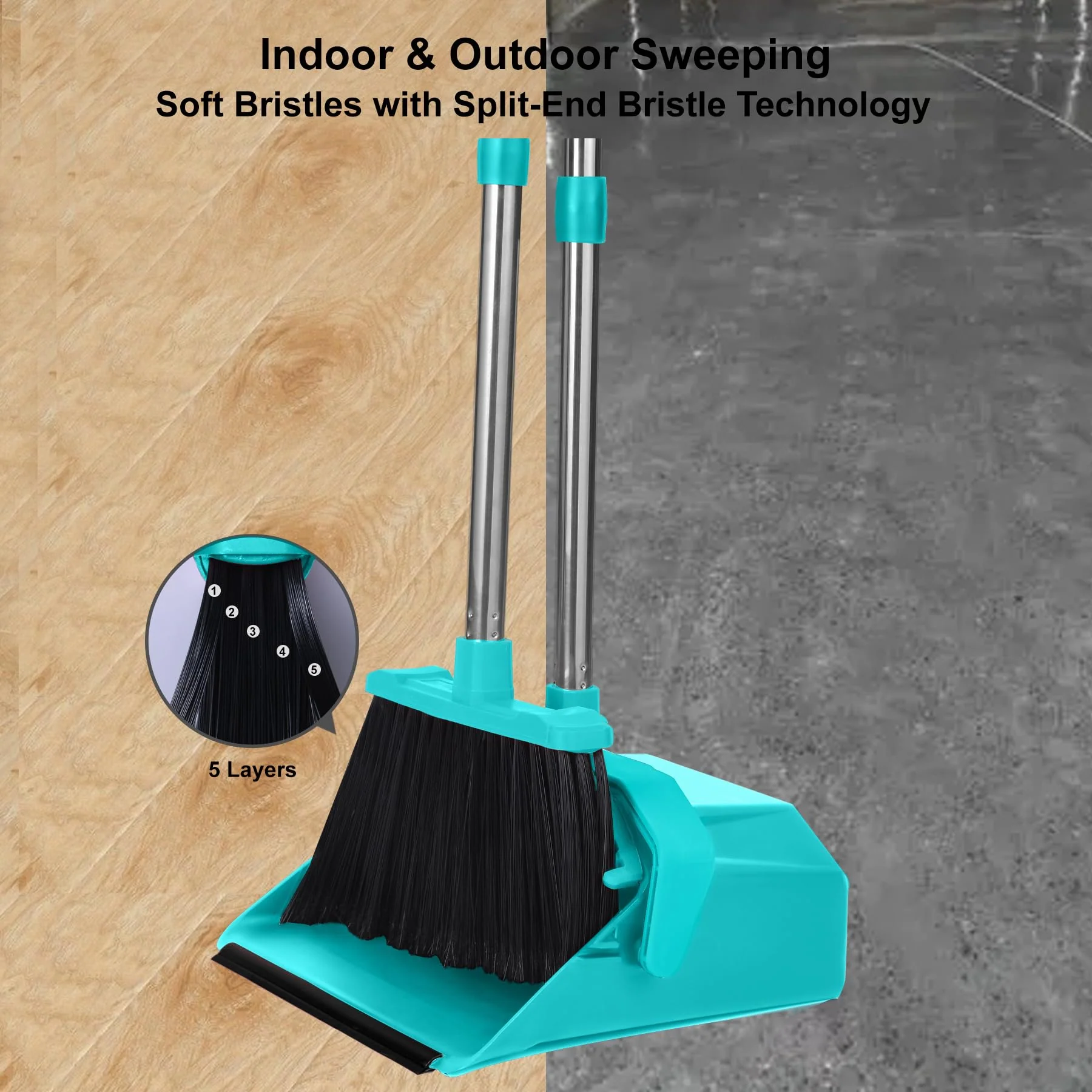 Tiumso Upgrade Broom with Dustpan Combo Set, Broom and Dustpan Set with 51'' Long Handle, Large Upright Brooms and Dust Pans, ZeroGap Lip, Self-Cleaning Dustpan Teeth for Lobby and Restaurant - Blue - Image 6