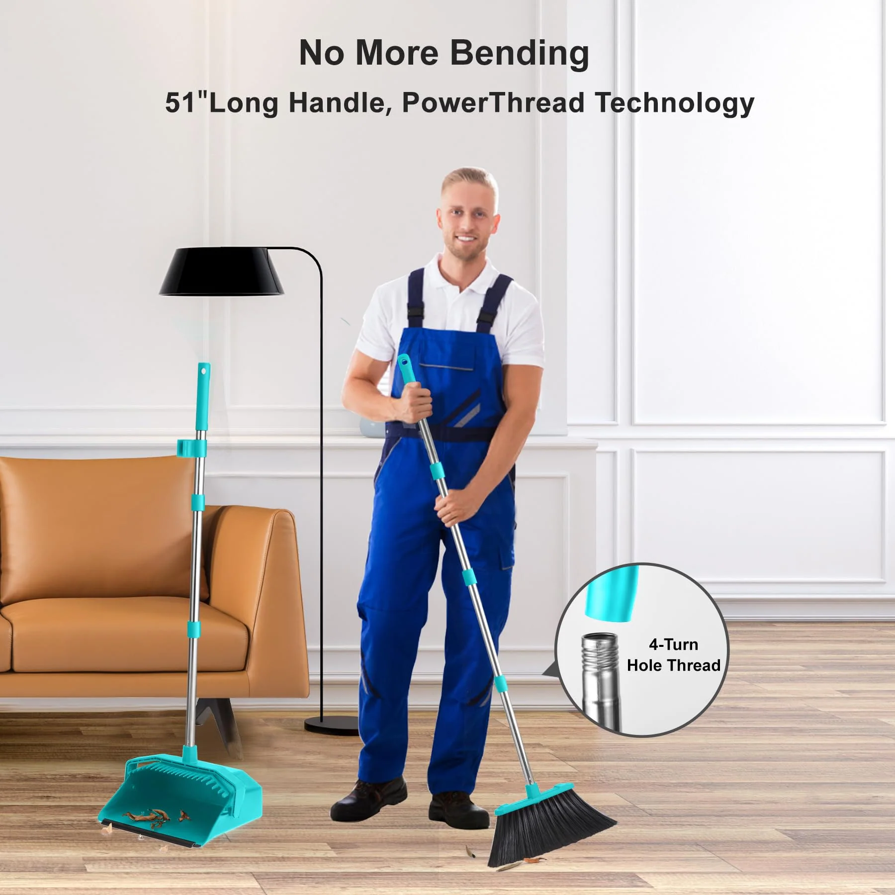 Tiumso Upgrade Broom with Dustpan Combo Set, Broom and Dustpan Set with 51'' Long Handle, Large Upright Brooms and Dust Pans, ZeroGap Lip, Self-Cleaning Dustpan Teeth for Lobby and Restaurant - Blue - Image 7