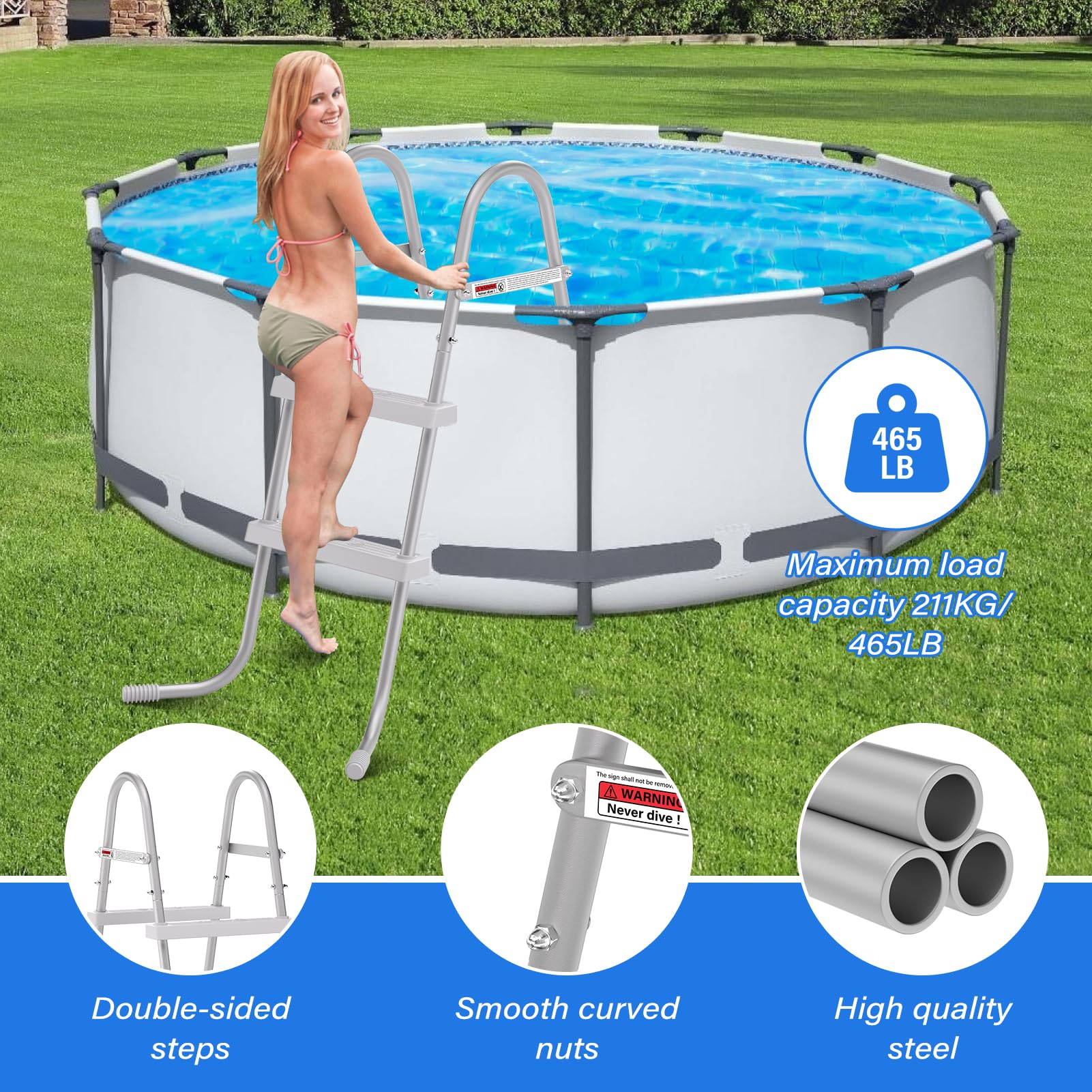 TIXANF 33" 2-Step Steel Frame Above Ground Swimming Pool Ladder,Heavy Duty Double Sided Removable Pool Steps,Pool Ladder Steps with Non-Slip Plastic Steps for Entry and Exit - Image 3