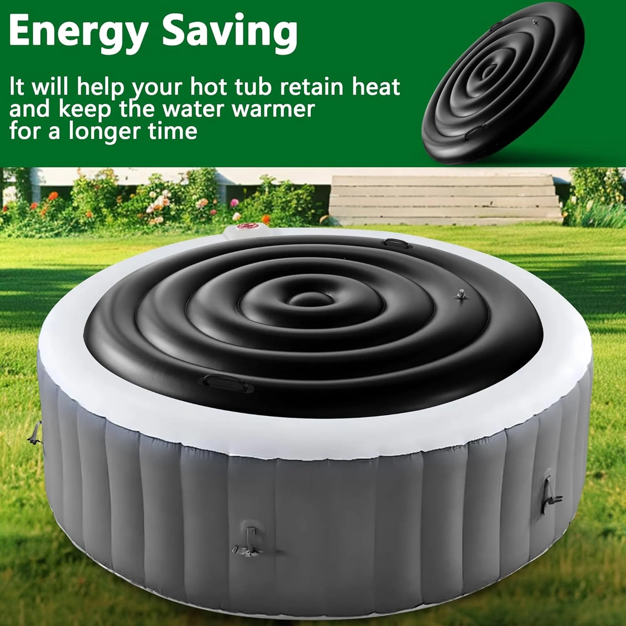 Tlswshsy 4.5 Ft Inflatable Hot Tub Cover- Energy Saving lid for Round Hot Tub- Foldable Protective Rain Overflow Cover for Outdoor Inflatable Hot Tubs (Black) - Image 2