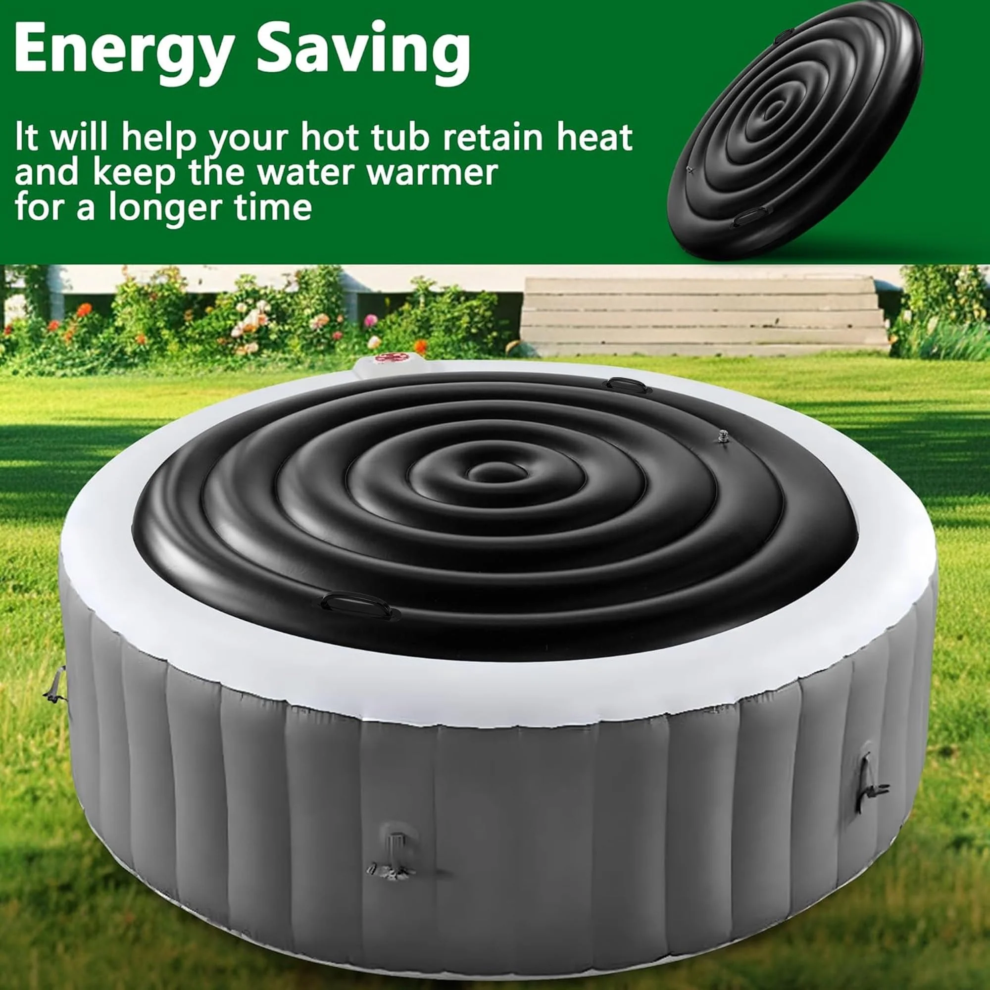 Tlswshsy 5.4 Ft Inflatable Hot Tub Cover- Energy Saving lid for Round Hot Tub- Foldable Protective Rain Overflow Cover for Outdoor Inflatable Hot Tubs (Black) - Image 2