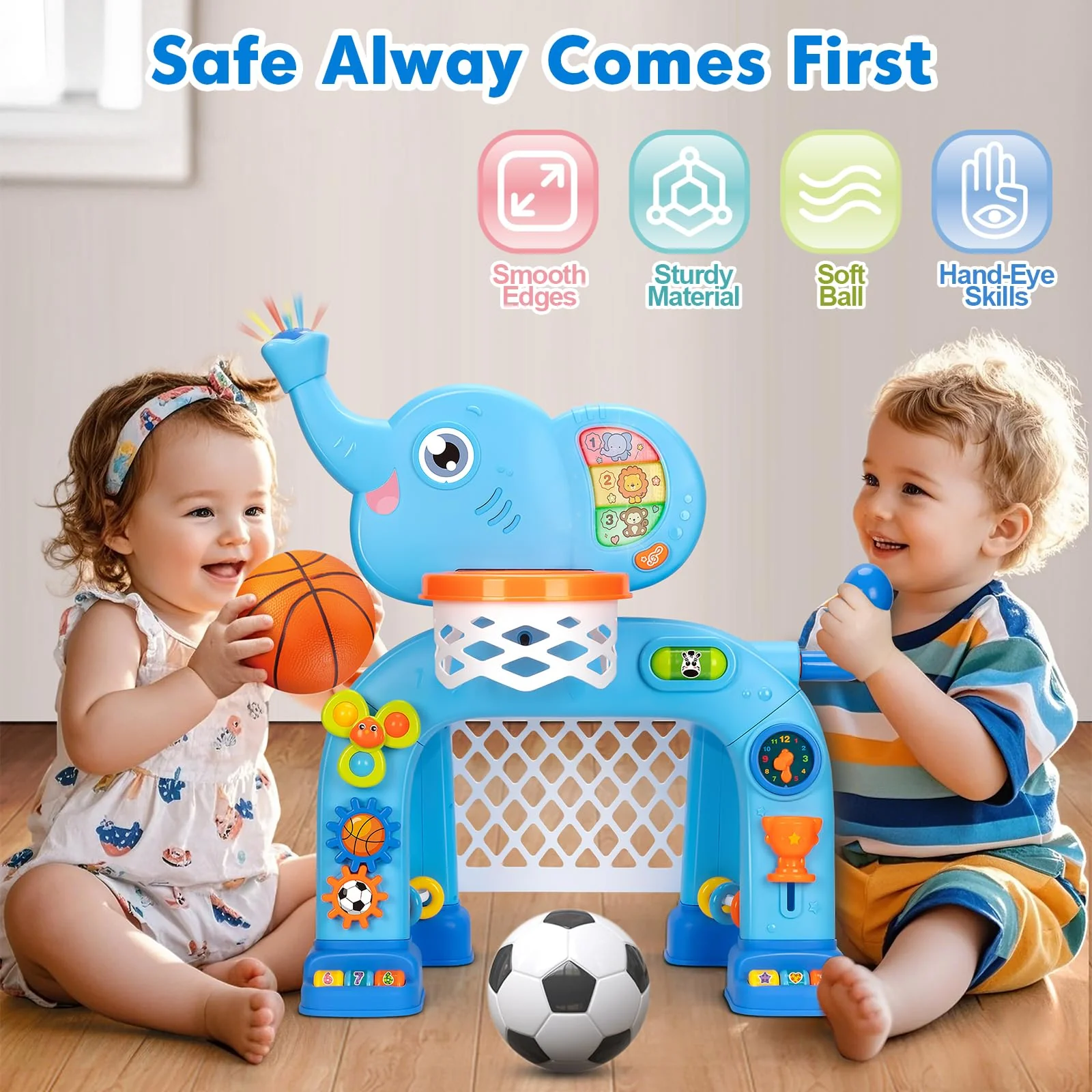 Toddler Basketball Hoop & Soccer Goal, Toys for 1 2 3 Year Old Boys Girls, Kids Sports Toy with Light Sound Music, Montessori Toys for Baby 12-18 Months, Christmas Birthday Gifts for Ages 1-3(Blue） - Image 4
