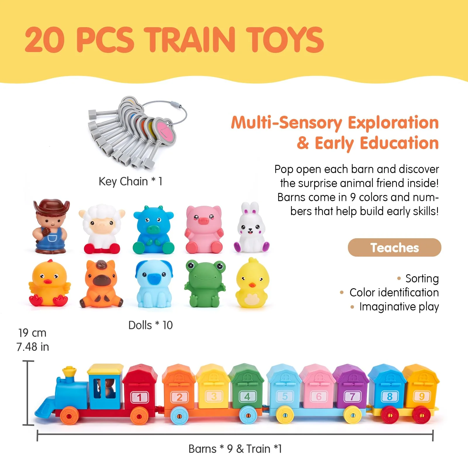 Toddler Learning Toys for 2 3 Year Old Boy Girl - Counting Matching & Sorting Activity Montessori Train Set with Farm Animals, Finger Puppets, Keys to Lock and Unlock Barns, Christmas Birthday Gift - Image 3