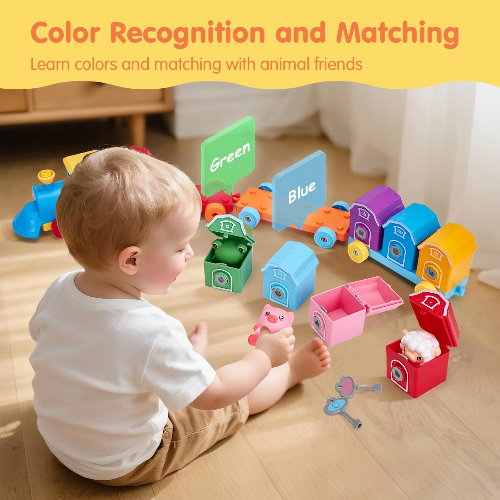 Toddler Learning Toys for 2 3 Year Old Boy Girl - Counting Matching & Sorting Activity Montessori Train Set with Farm Animals, Finger Puppets, Keys to Lock and Unlock Barns, Christmas Birthday Gift - Image 7