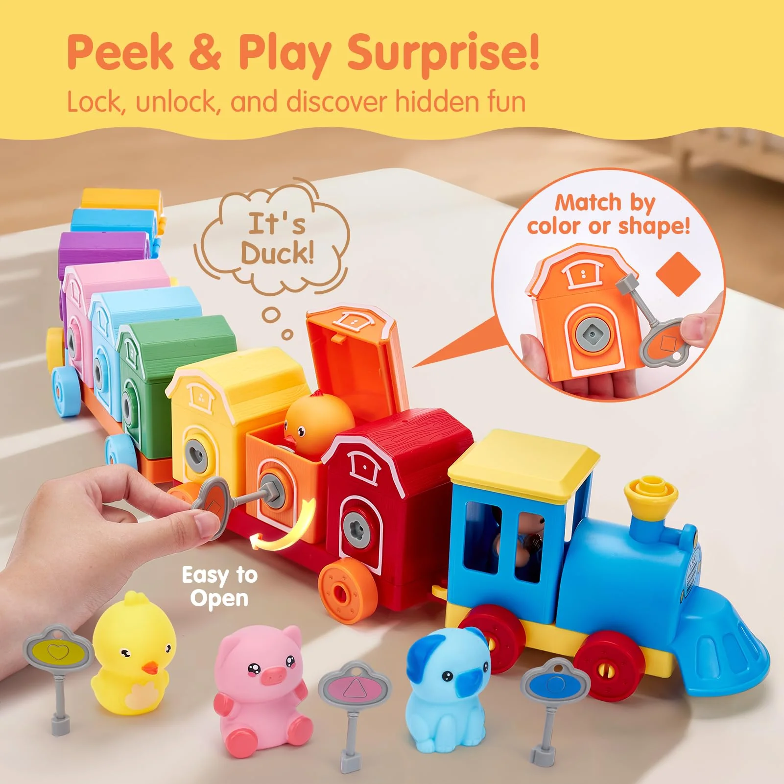 Toddler Learning Toys for 2 3 Year Old Boy Girl - Counting Matching & Sorting Activity Montessori Train Set with Farm Animals, Finger Puppets, Keys to Lock and Unlock Barns, Christmas Birthday Gift - Image 8