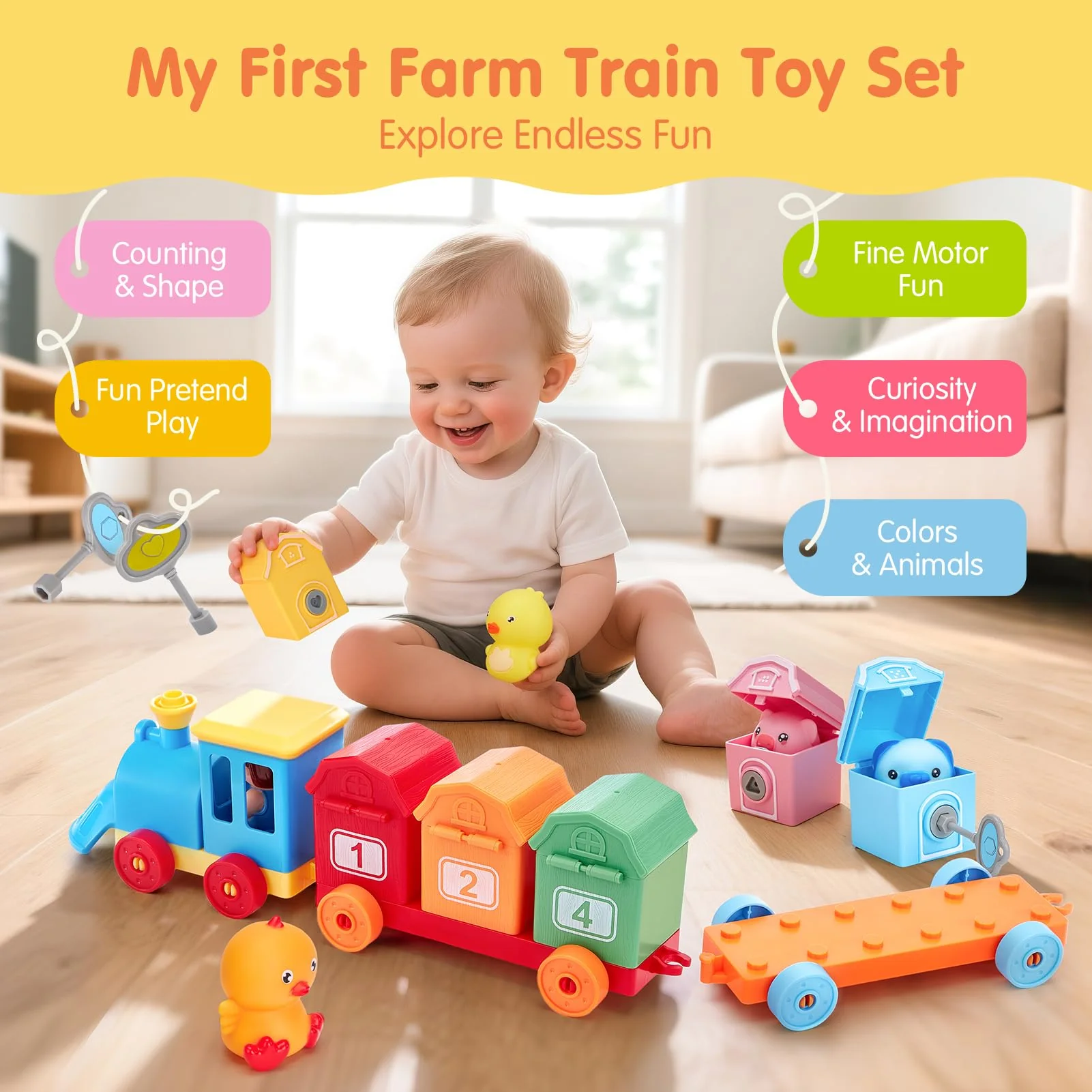 Toddler Learning Toys for 2 3 Year Old Boy Girl - Counting Matching & Sorting Activity Montessori Train Set with Farm Animals, Finger Puppets, Keys to Lock and Unlock Barns, Christmas Birthday Gift - Image 9