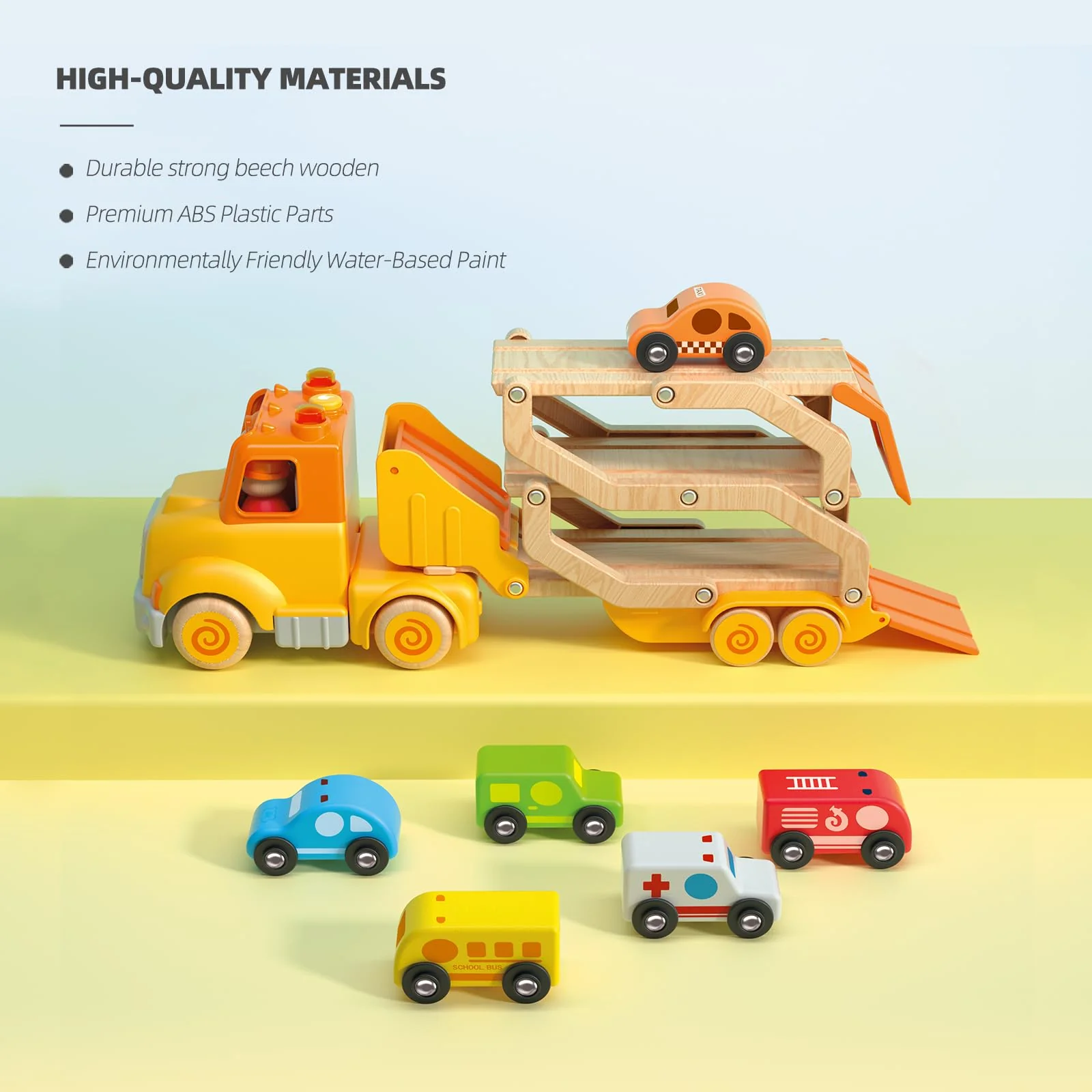 Toddler Toys for 2 3 4 5 Years Old Kids, Transport Car Carrier Truck Toy with 6 Wooden Vehicle, 30in Foldable Track Trailer with Light & Sound Effects, Best Gift Choice for Christmas, Birthday - Image 10