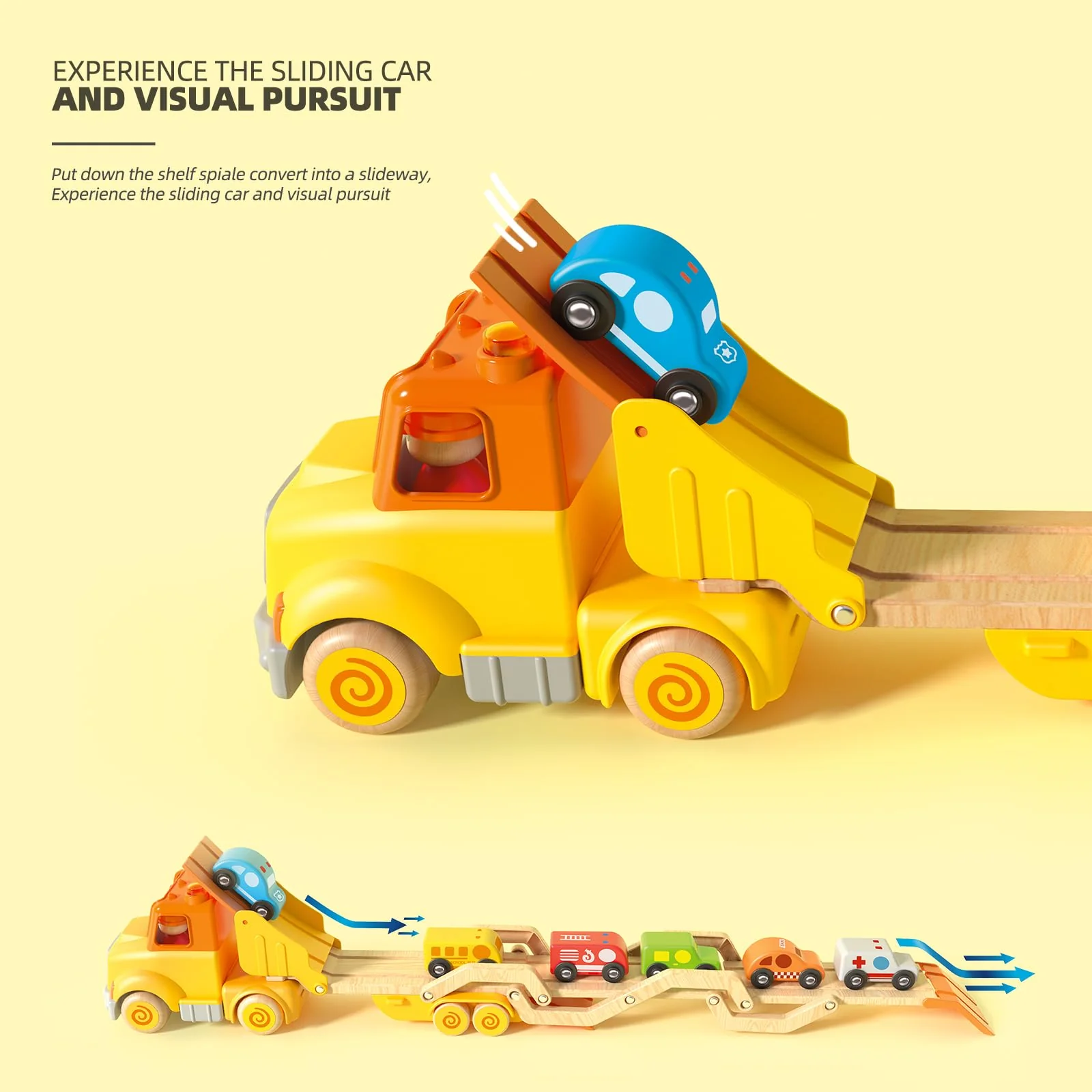 Toddler Toys for 2 3 4 5 Years Old Kids, Transport Car Carrier Truck Toy with 6 Wooden Vehicle, 30in Foldable Track Trailer with Light & Sound Effects, Best Gift Choice for Christmas, Birthday - Image 12