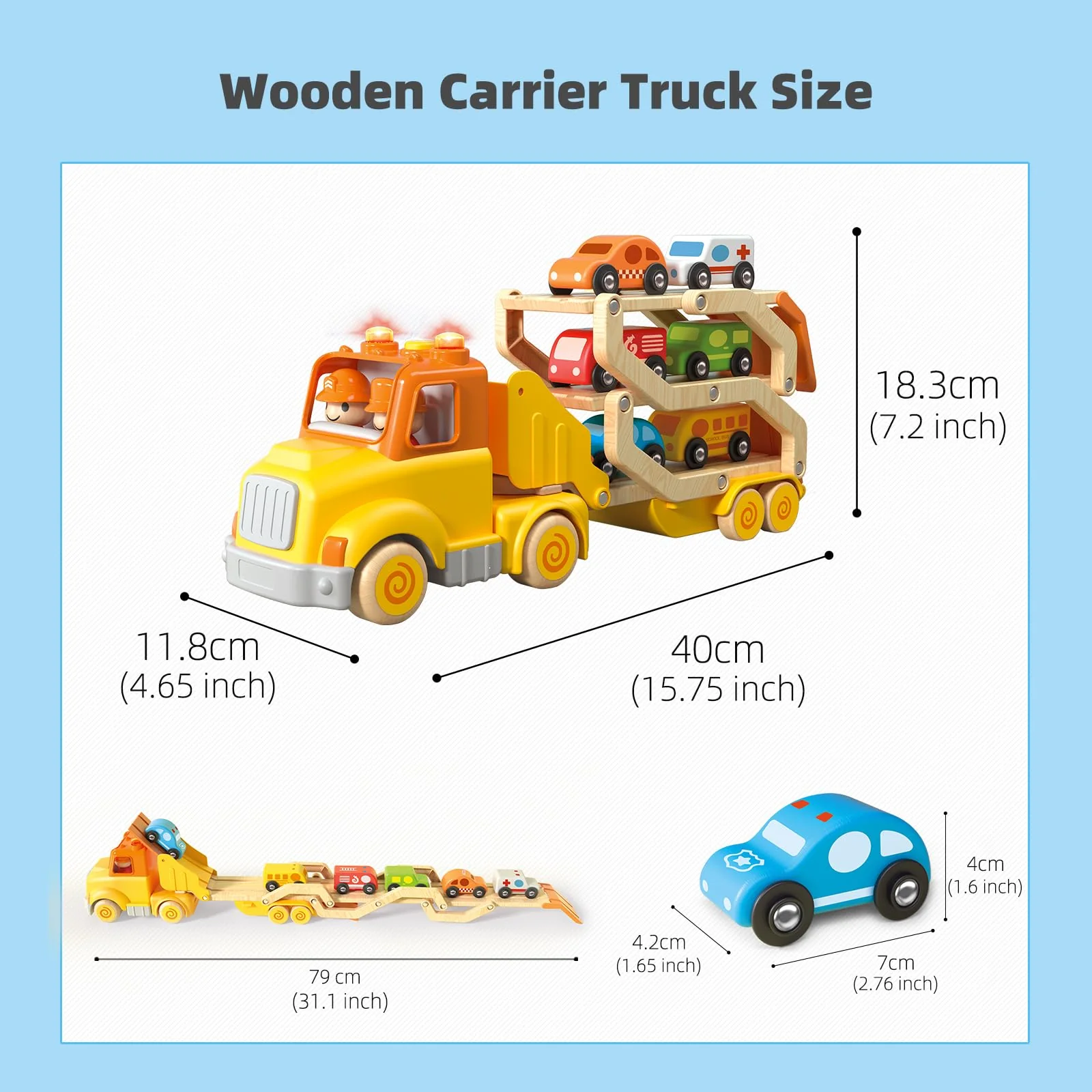 Toddler Toys for 2 3 4 5 Years Old Kids, Transport Car Carrier Truck Toy with 6 Wooden Vehicle, 30in Foldable Track Trailer with Light & Sound Effects, Best Gift Choice for Christmas, Birthday - Image 8