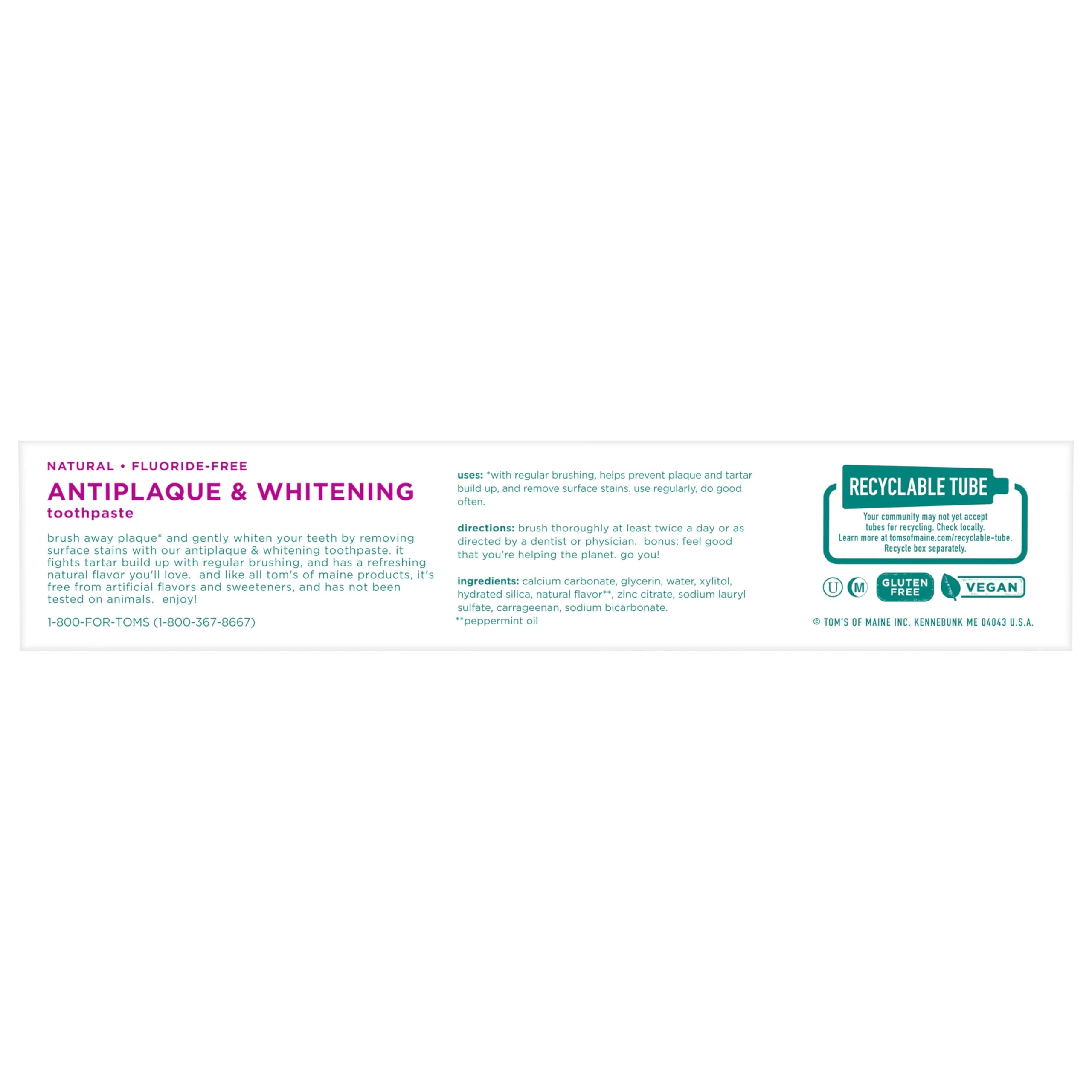 Tom's of Maine Fluoride-Free Antiplaque & Whitening Natural Toothpaste, Peppermint, 5.5 oz. (Pack of 2) - Image 5