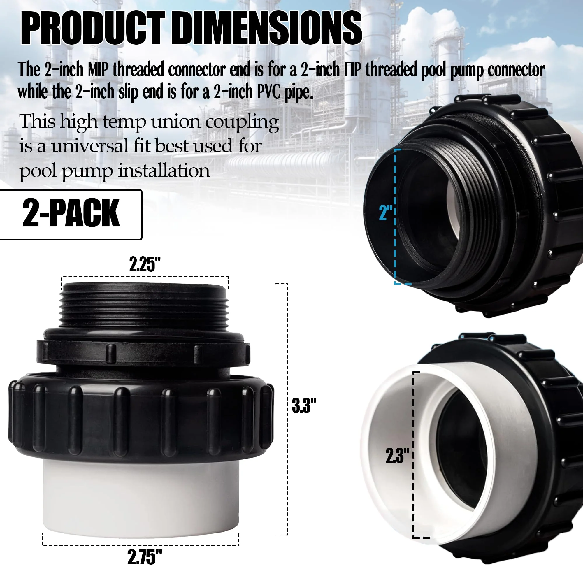 TonGass (2-Pack) 2" MIP x 2.37" PVC Hi-Temp Unions Compatible with Pentair Whisperflo & Intelliflo Pool Pumps Hand-Tightened Pool Pump High Temp Unions Replacement for Schedule 40 Male Adapters - Image 8