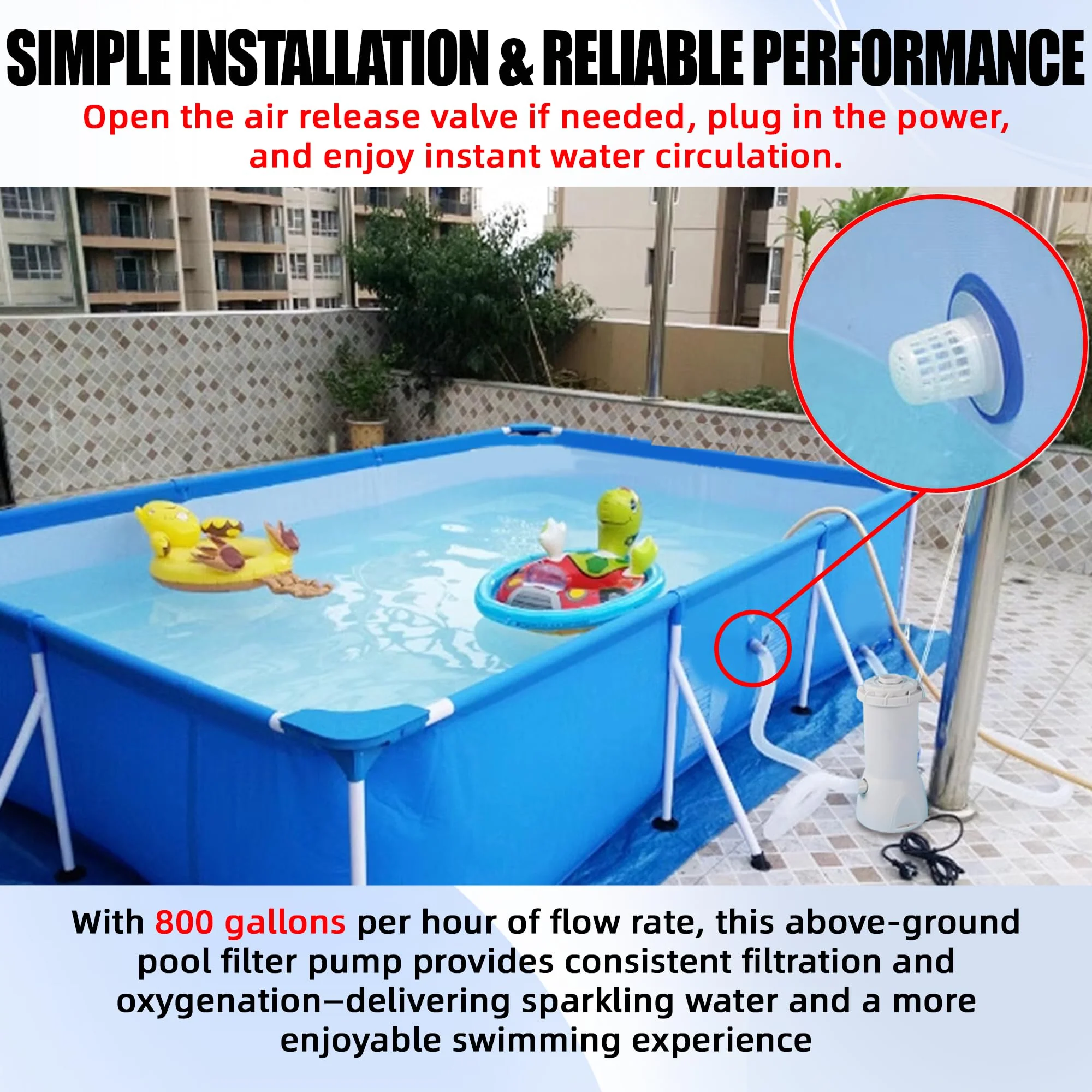 TonGass 800 GPH Pool Filter Pump for Above Ground Pools, Powerful Circulation System with Filter Cartridge, GFCI Safety Protection, Easy to Install Pool Pump for Pools up to 5000 Gallons - Image 3
