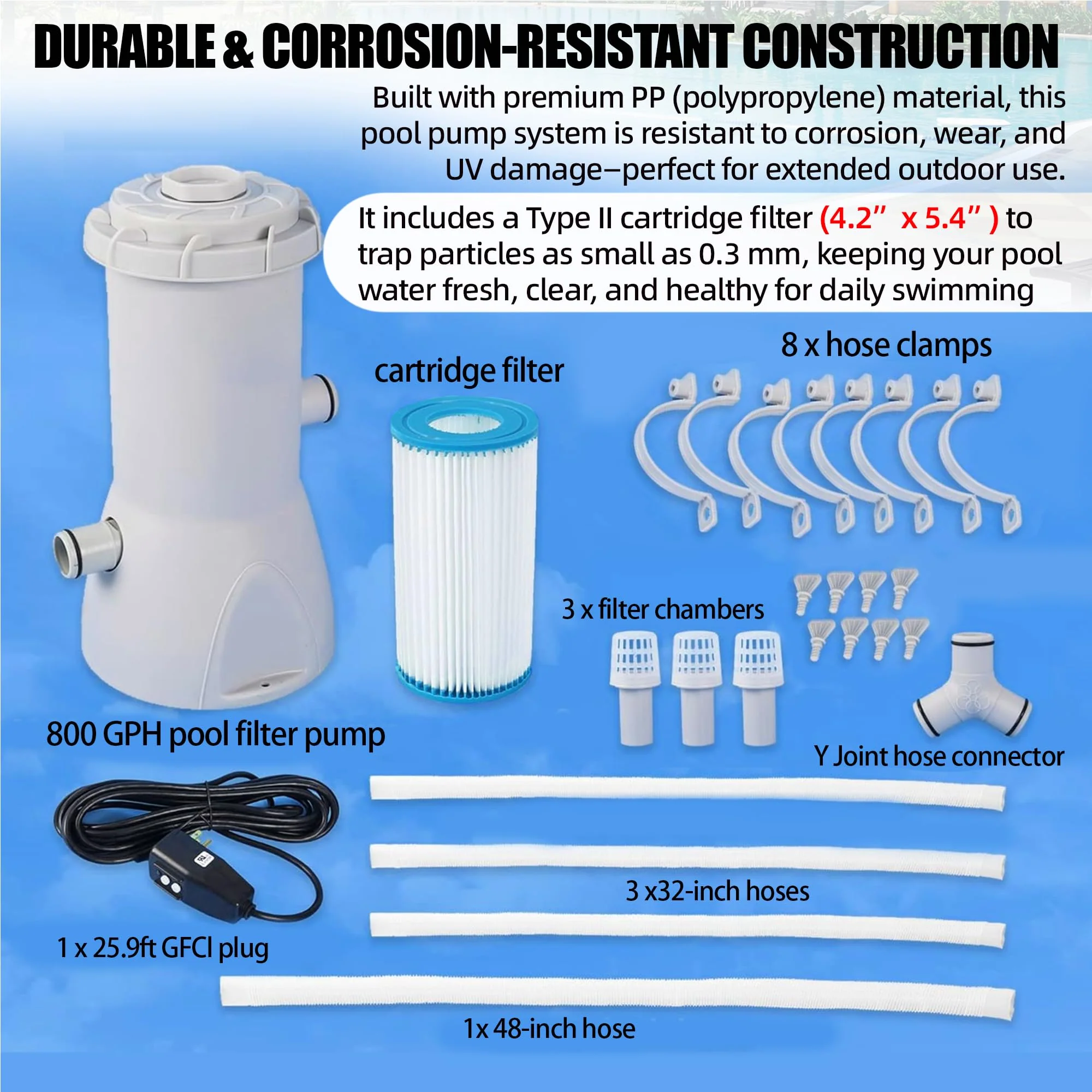 TonGass 800 GPH Pool Filter Pump for Above Ground Pools, Powerful Circulation System with Filter Cartridge, GFCI Safety Protection, Easy to Install Pool Pump for Pools up to 5000 Gallons - Image 4