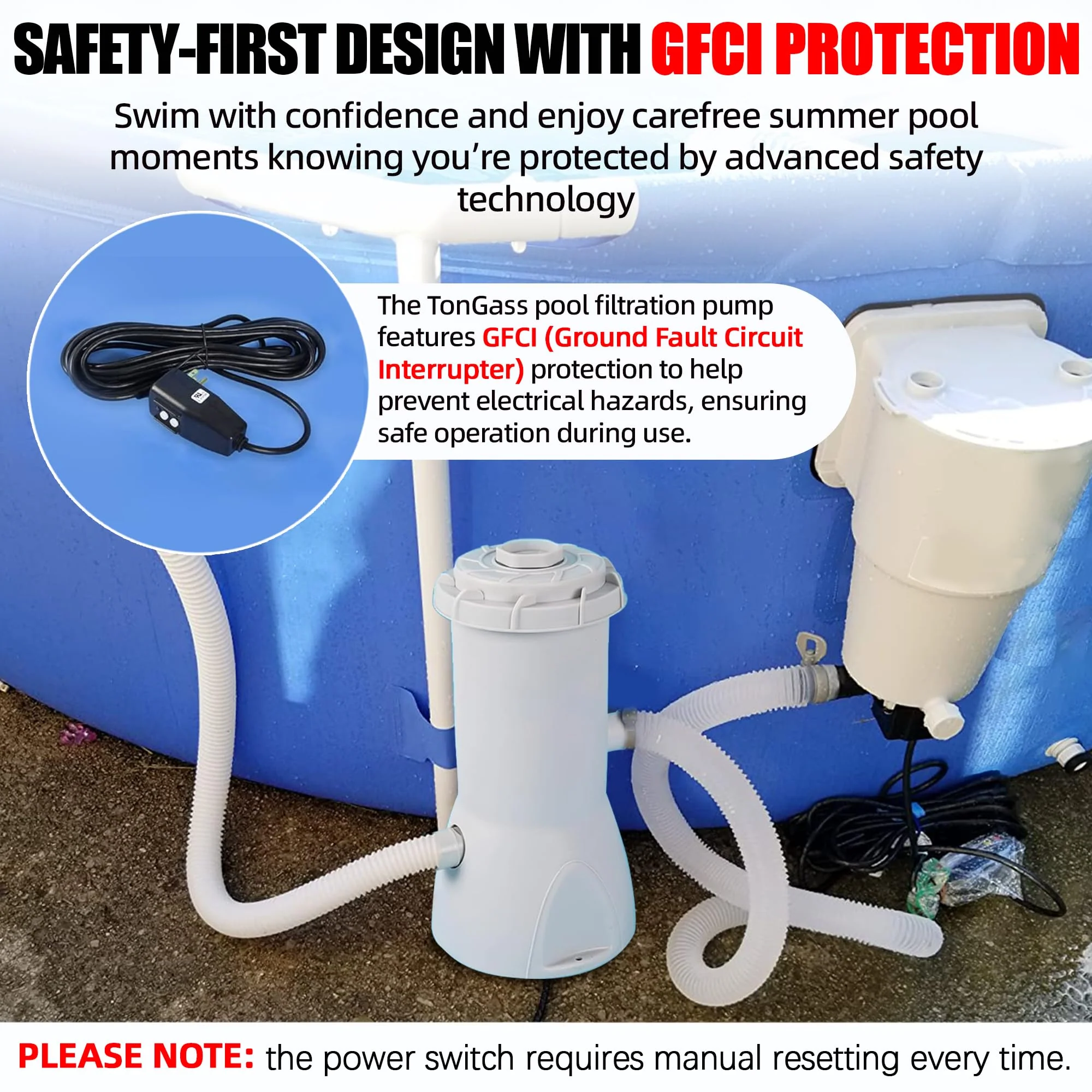 TonGass 800 GPH Pool Filter Pump for Above Ground Pools, Powerful Circulation System with Filter Cartridge, GFCI Safety Protection, Easy to Install Pool Pump for Pools up to 5000 Gallons - Image 5