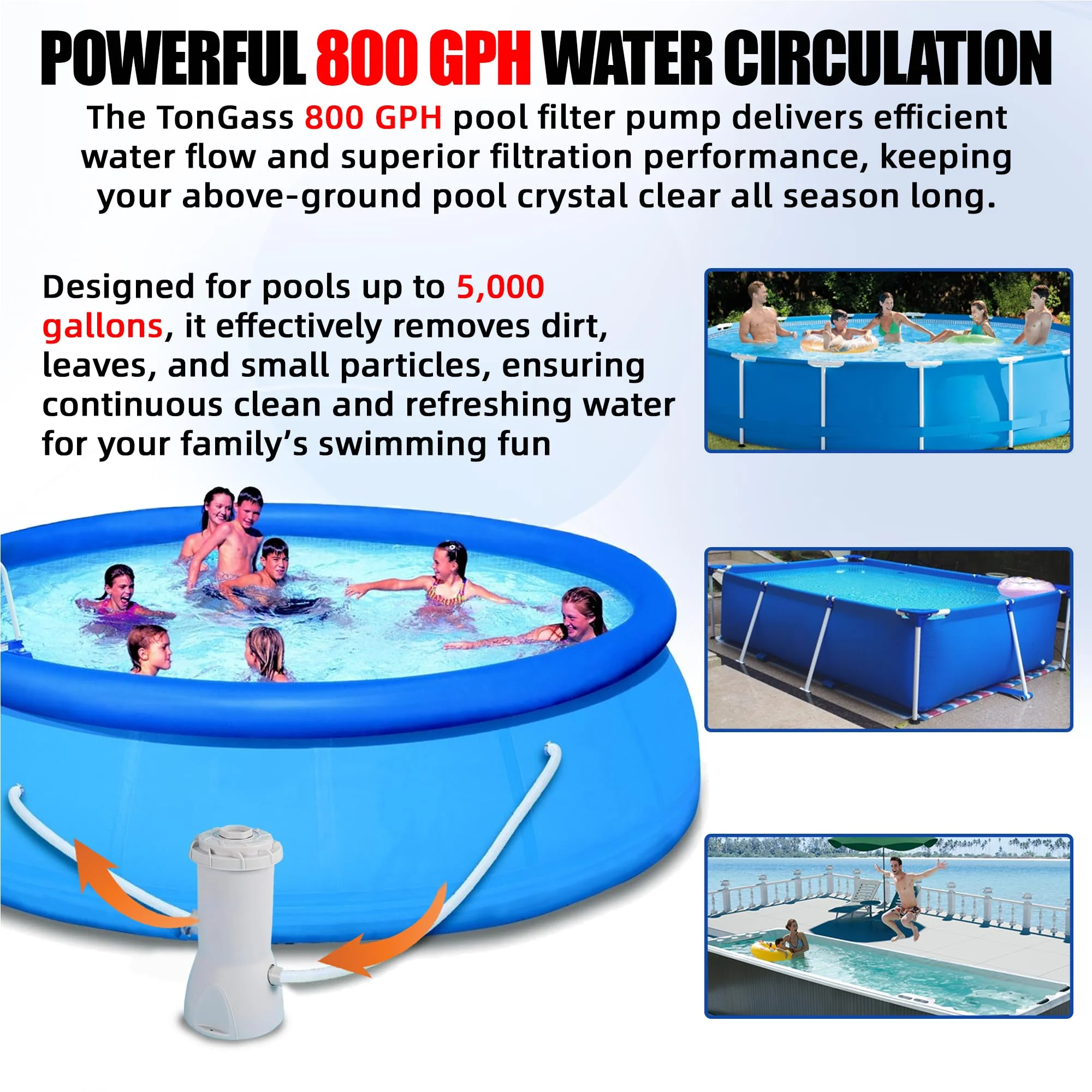 TonGass 800 GPH Pool Filter Pump for Above Ground Pools, Powerful Circulation System with Filter Cartridge, GFCI Safety Protection, Easy to Install Pool Pump for Pools up to 5000 Gallons - Image 6