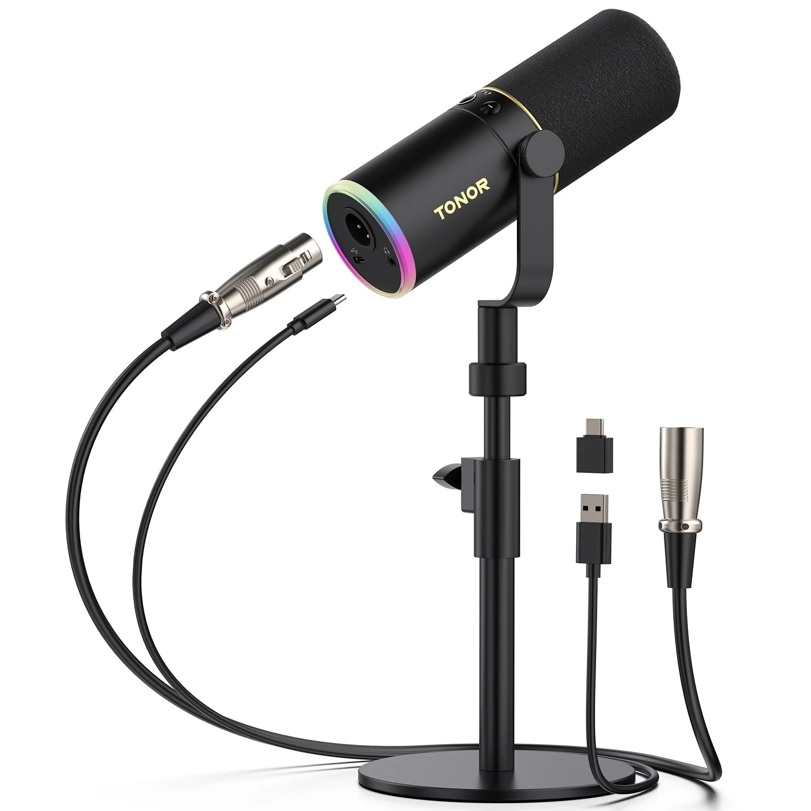 TONOR Dynamic Podcast Microphone, XLR/USB Mic for Recording, Streaming, XLR Cardioid Studio Mic with Quick Mute, Volume Control, 200 cm/78inch Cable, with RGB and Desktop Stand, Black, TD520S