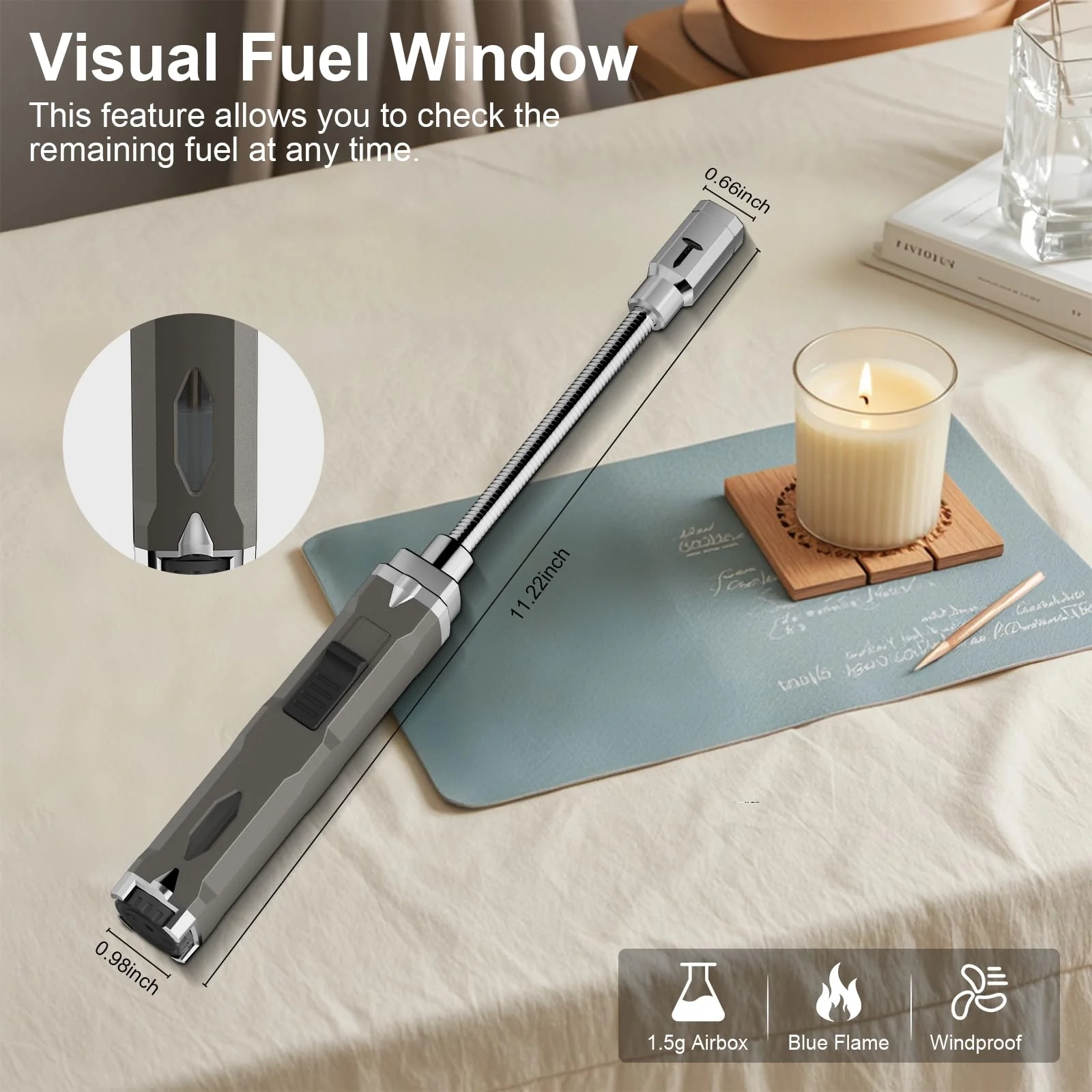 TONYFUL Butane Lighter Long Torch Lighter, Refillable Lighters with Visual Fuel Window, Adjustable Flame Windproof Lighter for Candle, Camping, Fireplace, BBQ(Fuel Not Included) - Image 3