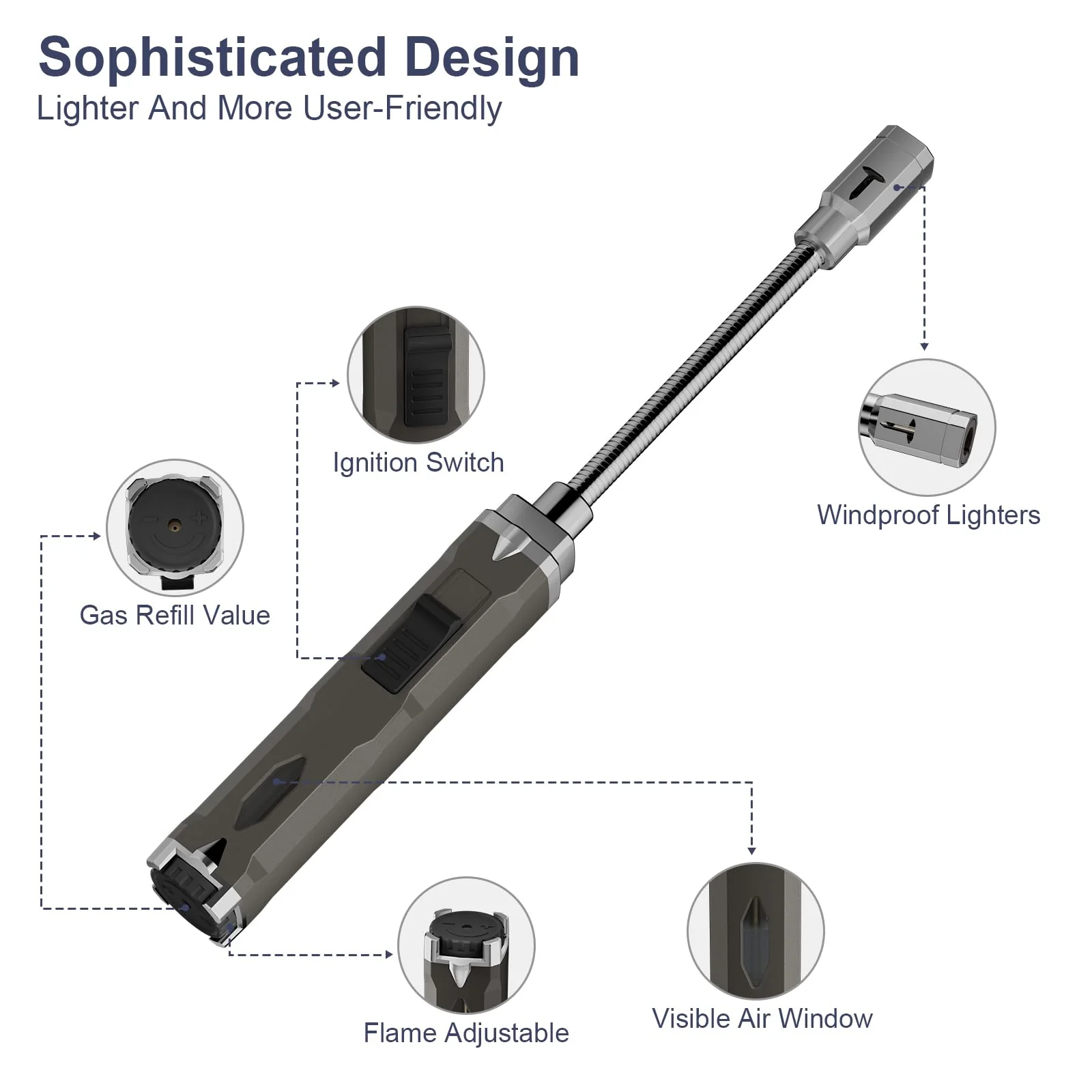 TONYFUL Butane Lighter Long Torch Lighter, Refillable Lighters with Visual Fuel Window, Adjustable Flame Windproof Lighter for Candle, Camping, Fireplace, BBQ(Fuel Not Included) - Image 7