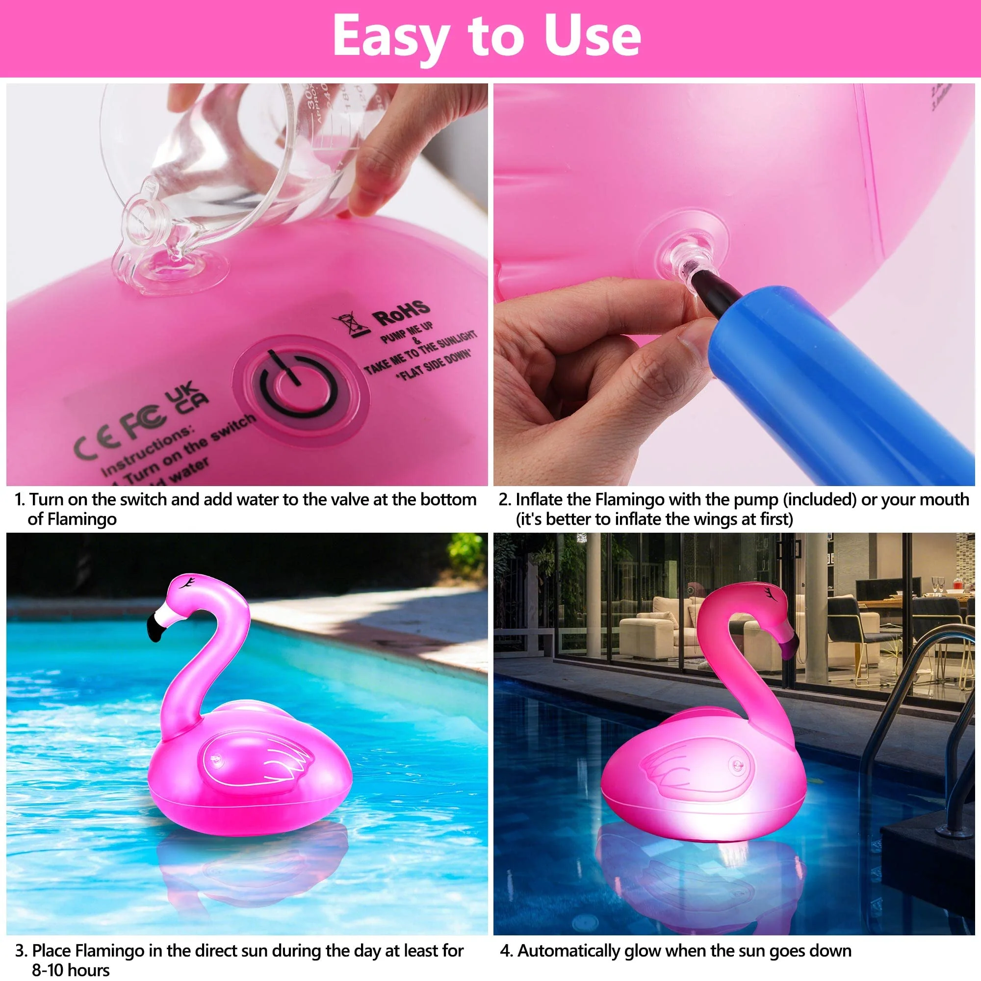 Toodour Floating Pool Lights, 2 Packs Solar Flamingo Pool Lights that Float, Waterproof Glow in The Dark Inflatable Solar Powered Flamingo Light for Swimming Pool, Party, Garden, Patio, Outdoor Decor - Image 3