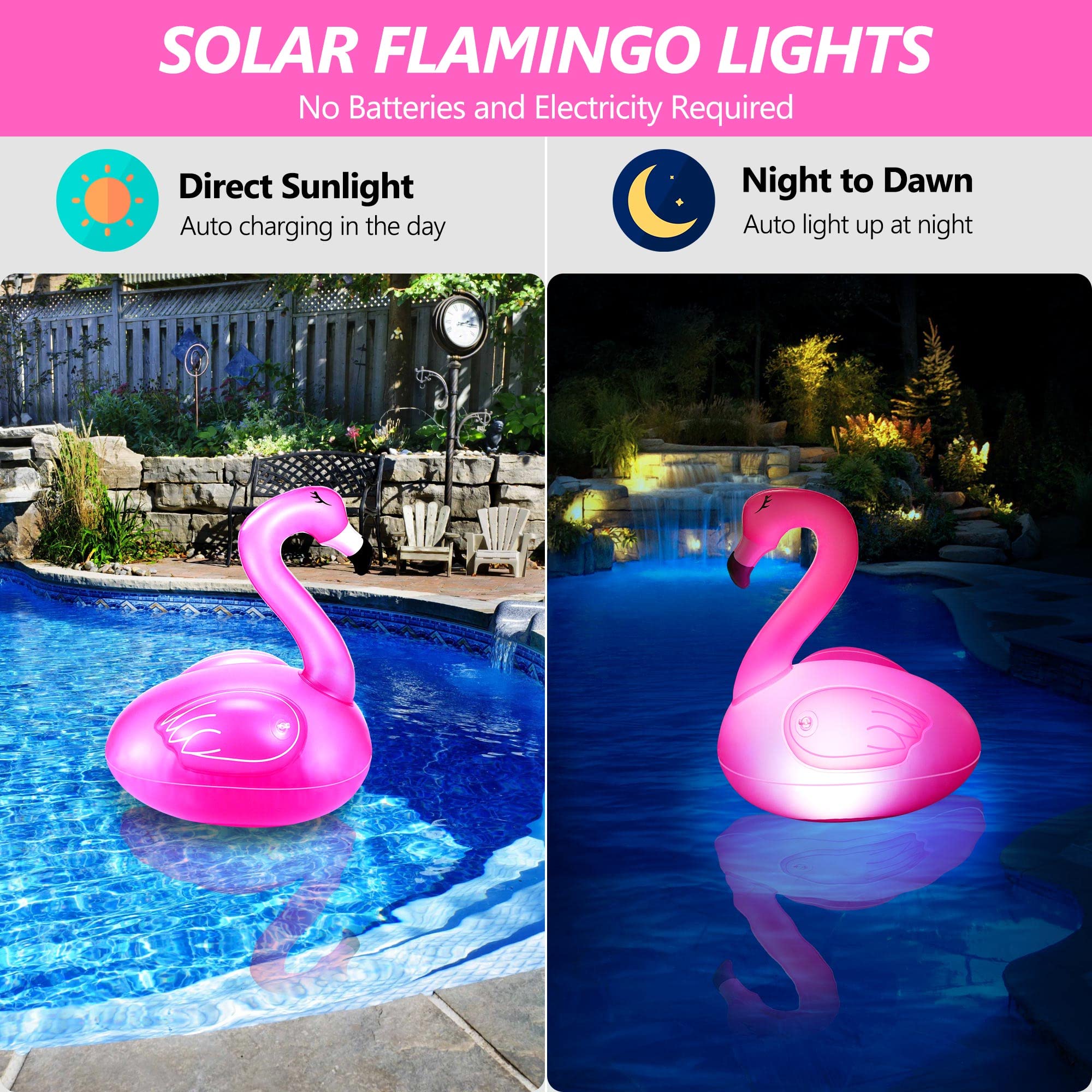 Toodour Floating Pool Lights, 2 Packs Solar Flamingo Pool Lights that Float, Waterproof Glow in The Dark Inflatable Solar Powered Flamingo Light for Swimming Pool, Party, Garden, Patio, Outdoor Decor - Image 6