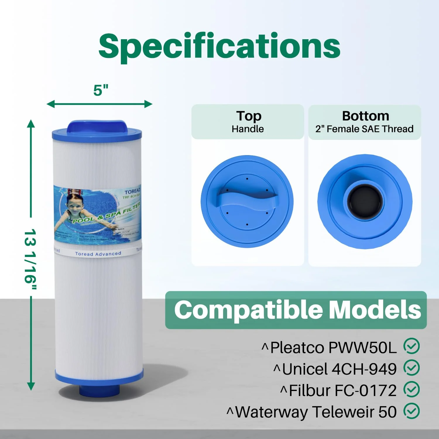 TOREAD 4CH-949 Spa Filter Replaces PWW50L, FIL50-5D13H15FCT-3, Filbur FC-0172, SD-01143, 817-4050, Rising Dragon 50, Waterway Teleweir 50 sqft Filter Cartridge 2PACK - Image 9