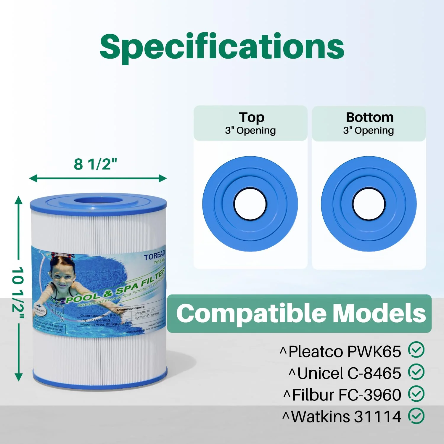 TOREAD NSF-50 Certified Watkins 31114 Replacement Tiger River Spa Filter, Compatible Unicel C-8465, PWK65, Filbur FC-3960, 71827, 71828 Hot Tub Filter, 65 sq. ft Hot Spring Spa Filter 1pack - Image 8