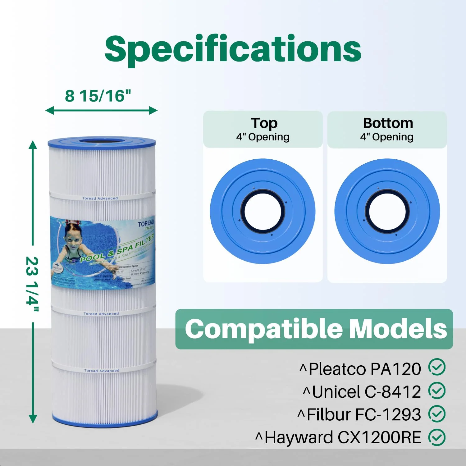 TOREAD PA120 Pool Filter Replacement for Ultra-B2, CX1200RE, C1200, Unicel C-8412, Filbur FC-1293, Waterway Clearwater II, Pro Clean 125, 817-0125N, Aladdin 22002, L x OD:23 1/4"x 8 15/16" - Image 8