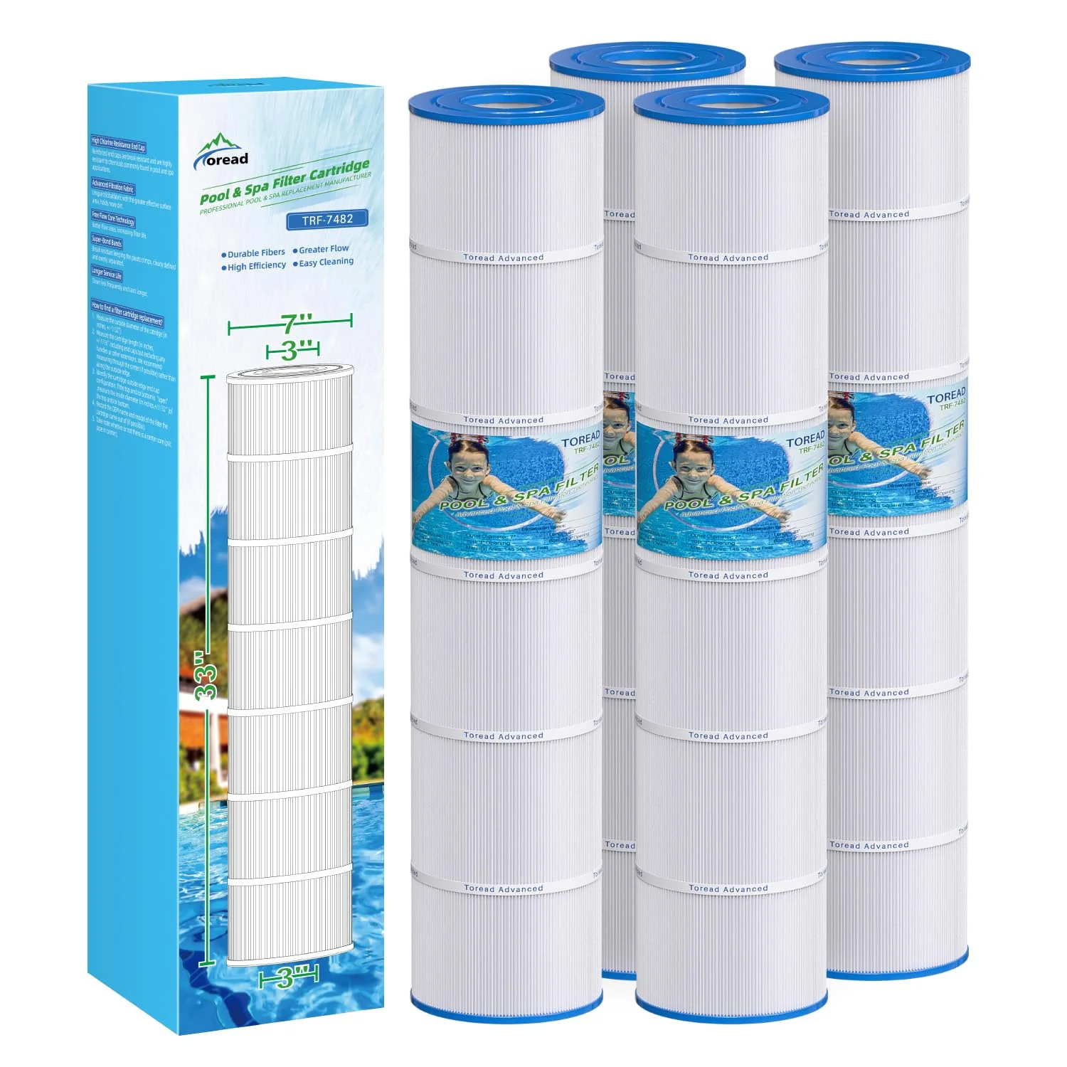 TOREAD PJAN145 Pool Filter Replaces Jandy CL580, CV580, Unicel C-7482, Ultral-A10, Filbur FC-0820, A0104100, R0357900, Filbur FC-6415, SD-01109, 145 sqft Filter Cartridge 4 Pack