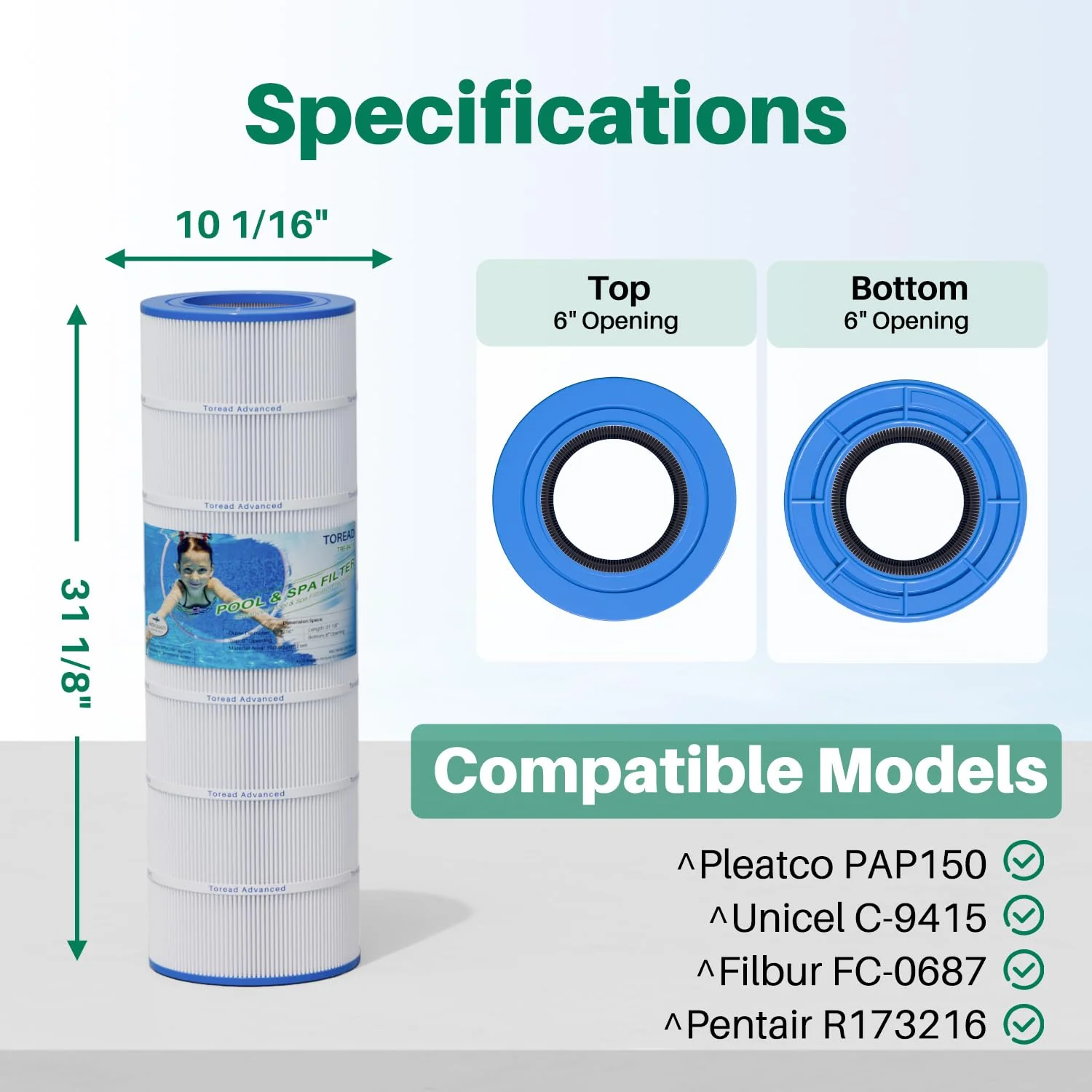 TOREAD Pool Filter Replacement for Pentair CC150, CCRP150, PAP150, PAP150-4, Ultral-C4, PP-C4, Unicel C-9415, R173216, 59054300, Filbur FC-0687, 160317, 160355, 160352, L x OD: 31 1/8" x10 1/16" - Image 8