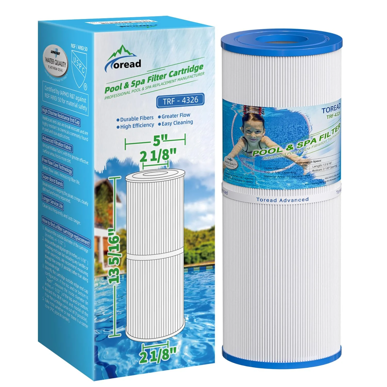 TOREAD Replacement for Spa Filter PRB25-IN, Unicel C-4326, Filbur FC-2375, FC-2370, R173429, 3005845, 17-2327, 100586, 33521, 25392, 817-2500, Guardian 413-106, 5X13 Drop in Spa Filter, 1 Pack