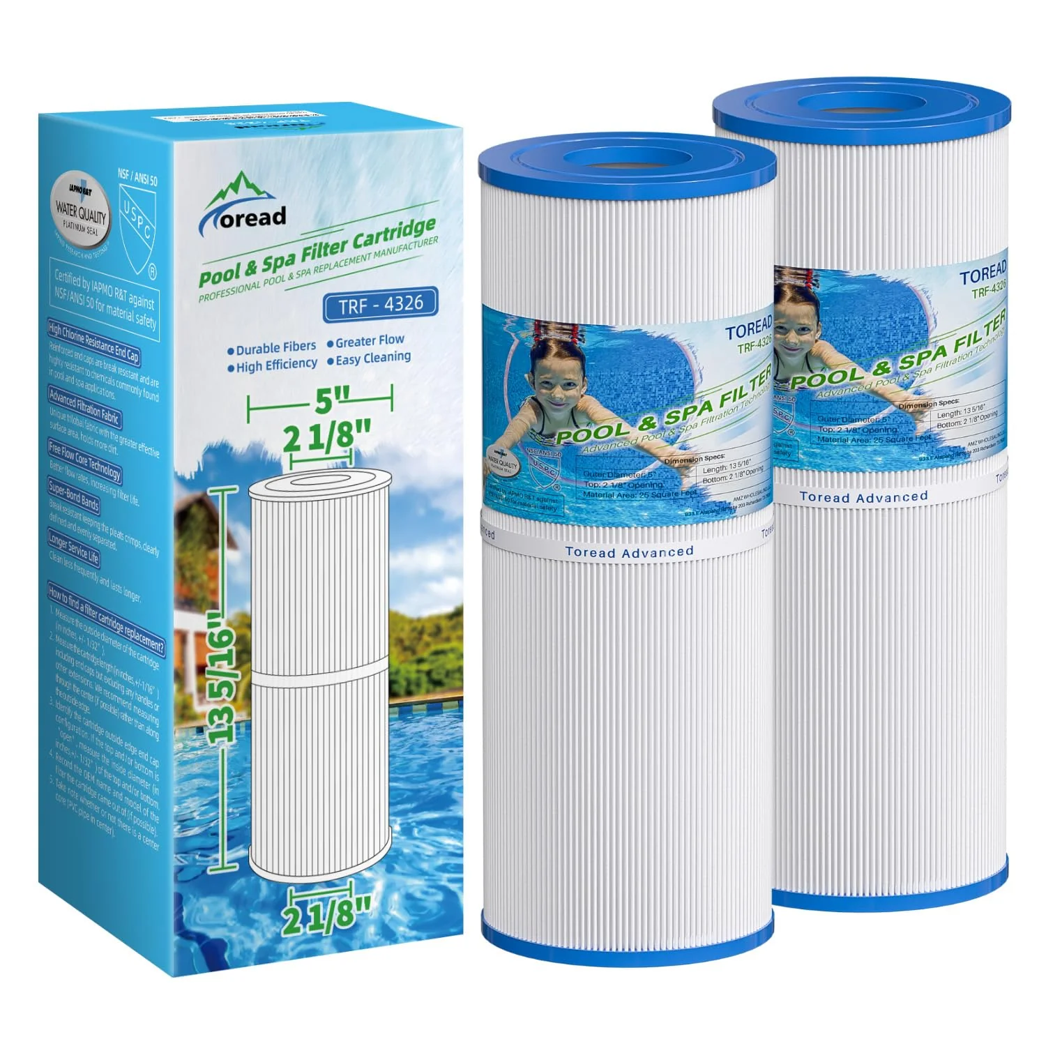 TOREAD Spa Replacement Filter for Pleatco PRB25-IN, Unicel C-4326, Filbur FC-2375, FC-2370, R173429, 3005845, 17-2327, 100586, 33521, 25392, 817-2500, Guardian 413-106, 5X13 Drop in Spa Filter, 2 Pack