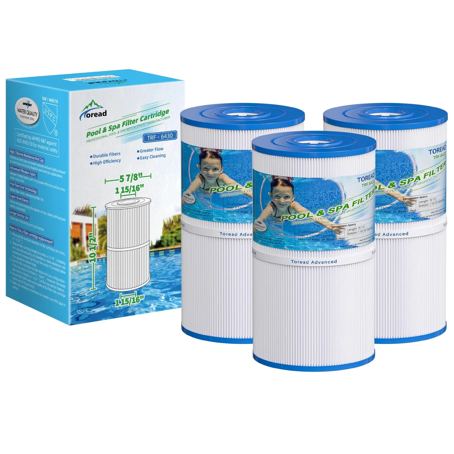 TOREAD Watkins 31489 Replacement Filter, Compatible Pleatco PWK30, Unicel C-6430, Filbur FC-3915, P/N0969601, 71825, 73178, 73250, 30 sq. ft. Hot Spring Spa Filter (3)